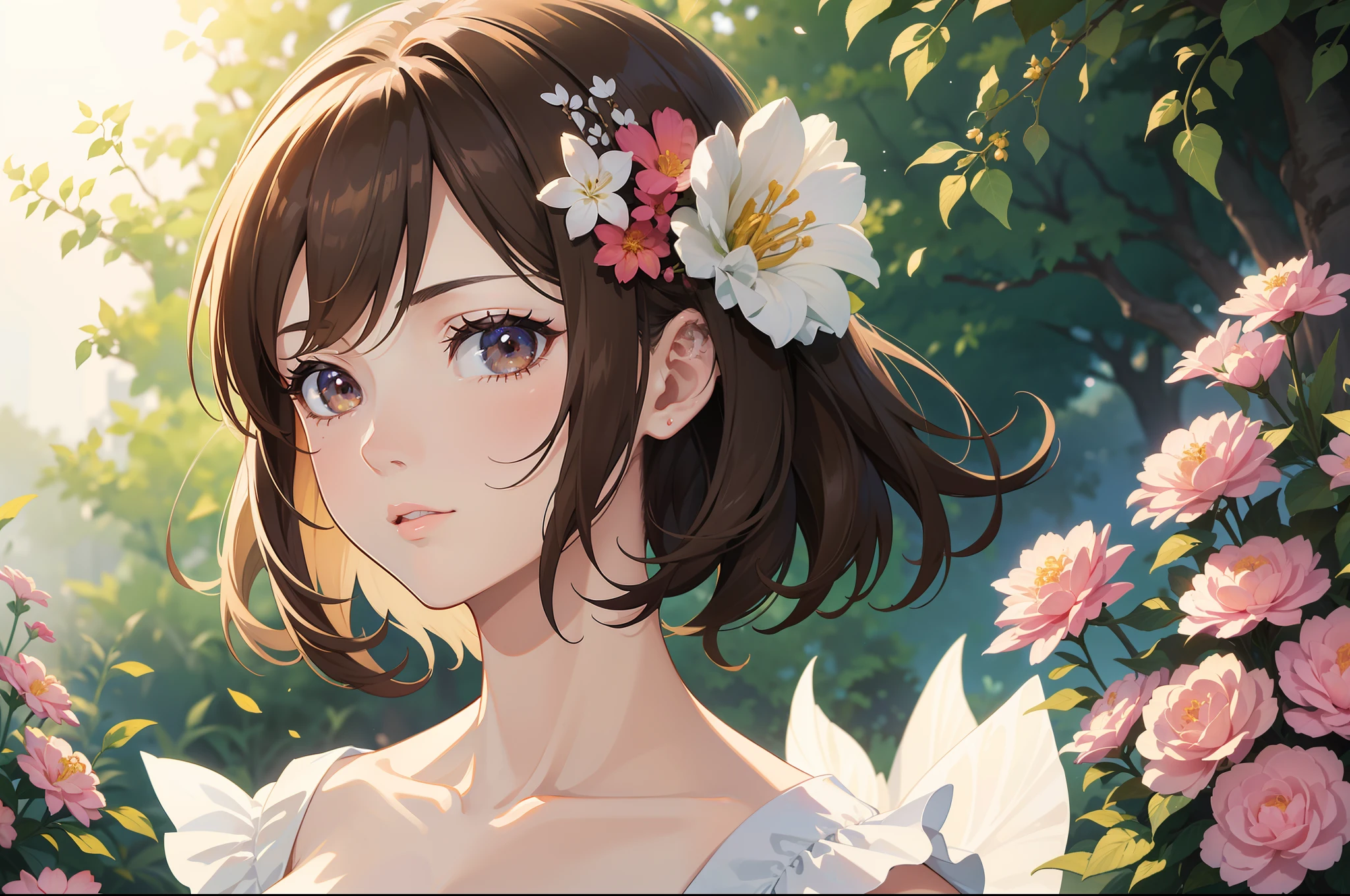 Official Art, Masterpiece European female face, short hair, lightbrown hair , brown eyes , flower garden , (masterpiece、top-quality、hight resolution: 1.4),in 8K, Drawing of a woman with short lightbrown hair, Anime Art Nouveau, highly detailed exquisite fanart, anime fantasy illustration, clean detailed anime art, detailed anime art, Sharp Focus, Delicate Beautiful Hair and Eyes and Face, realisitic, ultra-detailliert, a beauty girl, sunlight