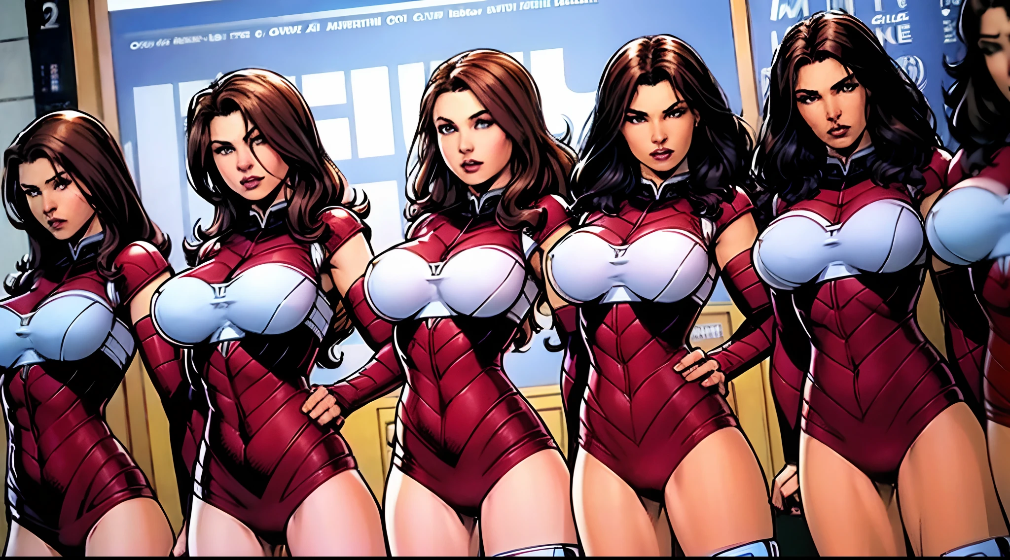 (jim lee, comic panel), (masterpiece, high quality, best quality), brown hair, curly hair, hazel eyes, sexy outfit, (thousands of, crowd of), identical girls, crowd shot, identical sisters, clones, matching hairstyles, matching outfits, matching faces, crowded, filled with clones, in straight line, same pose, straight arms, arms on sides, (full body)