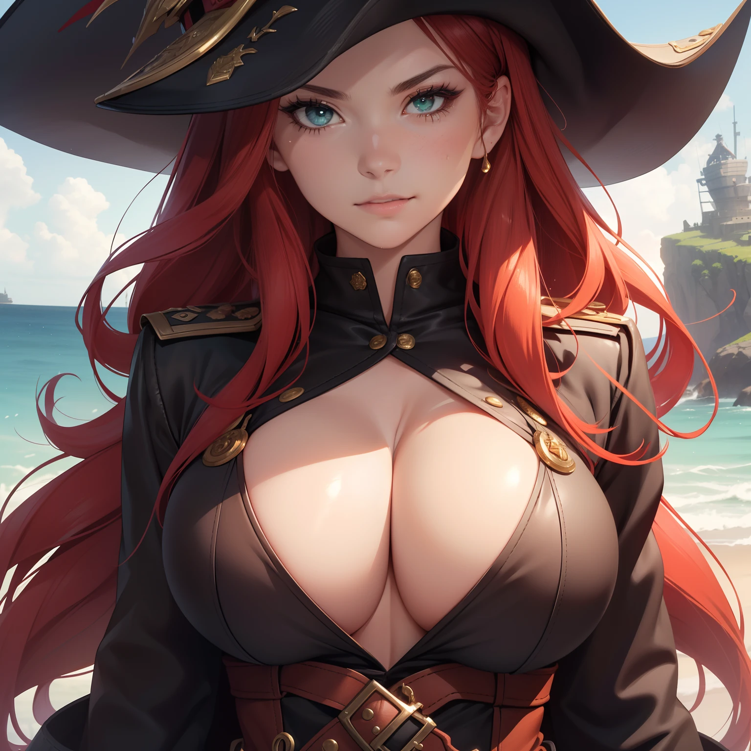 ((masterpiece, best quality, 4k, photorealistic)), (((close-up shot, focus on face and breast:1.5))), ((front view)), ((shining skin)), expressive eyes, perfect face, nice hands, large cleavage, long round legs, curvaceous body, booty,1 girl, red haired pirate, stands tall at the front of the pirate ship, her fiery red hair flowing in untamed waves down her back, she wears a weathered leather captain's coat adorned with gold trims and a single black feather tucked into her tricorn hat, her emerald eyes scan the horizon with determination, and her confident posture reflects her command over the crew