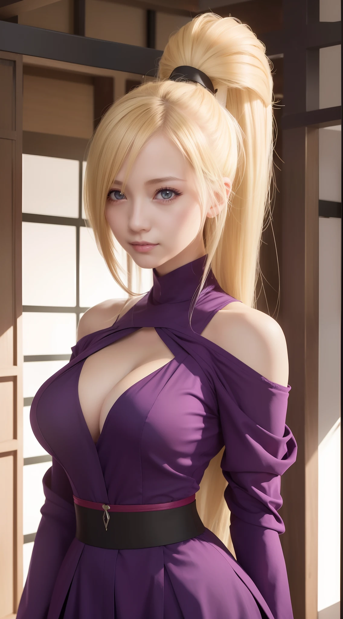 1girl, yamanaka ino in anime naruto, long hair, sexy dress, yellow hair, blue eyes, smile, beautiful, purple clothes, very big breast, sexy clothes, realistic clothes, detail clothes, indoor background, ultra detail, realistic