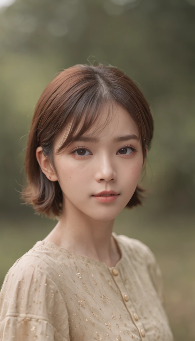 masterpiece、Cinematic portrait photography、8K、1girl in、sixteen years old、(Eye for realistic details、natural skin textures、Realistic face details)、Soft dramatic lighting、depth of fields、bokeh dof、vibrant detail、finely detail、Surreal、Hazy blur、filmg、femele、Brown hair、Brown eyes、Short bob hair、Wearing square yellow frame glasses, Teary-eyed, Green jersey、Lower breast