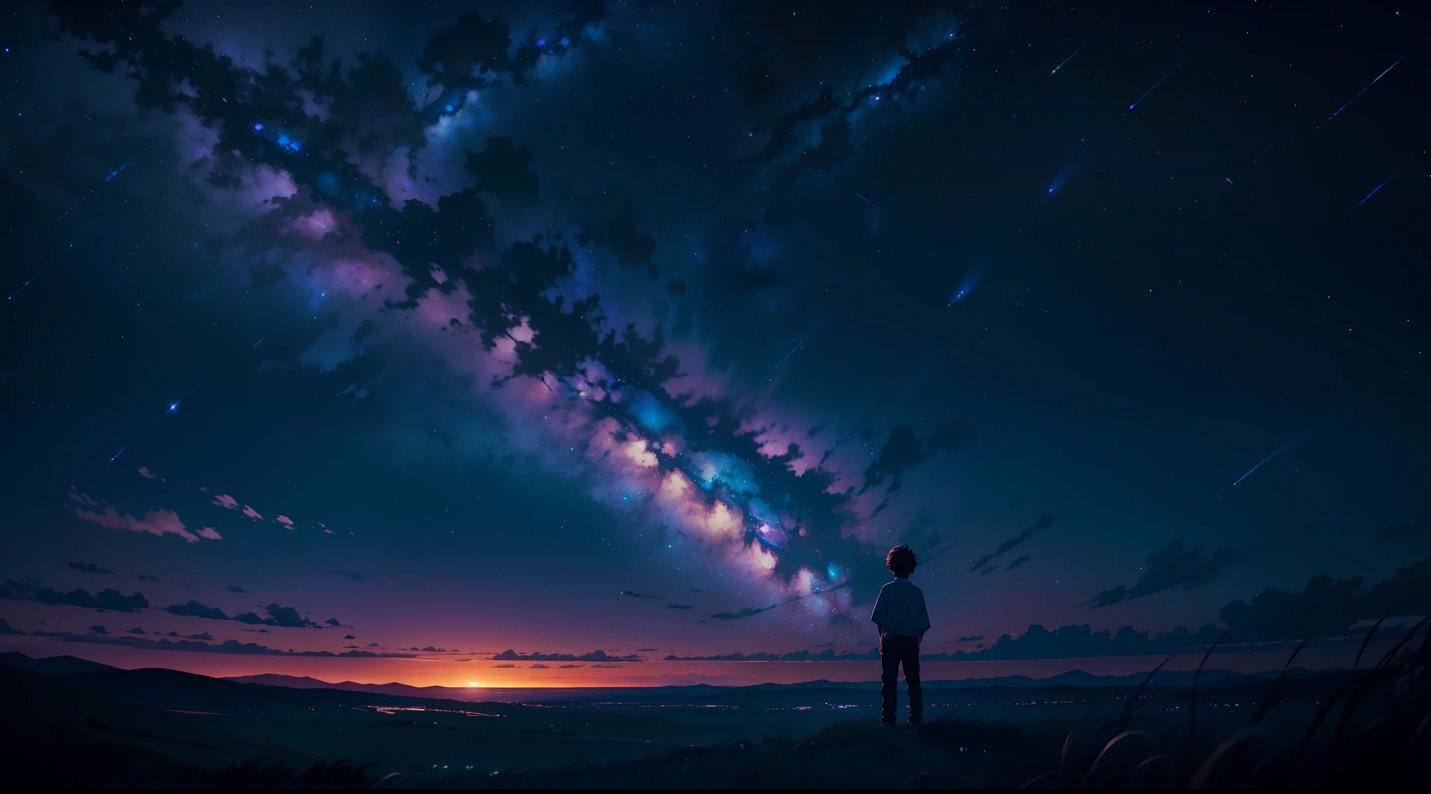 A lonely boy looking up at the sky at night time where the great milky way galaxy is visible in purplish blue color stretching over the horizon. A faraway shot. Cinematic. Wide angle. 4k.