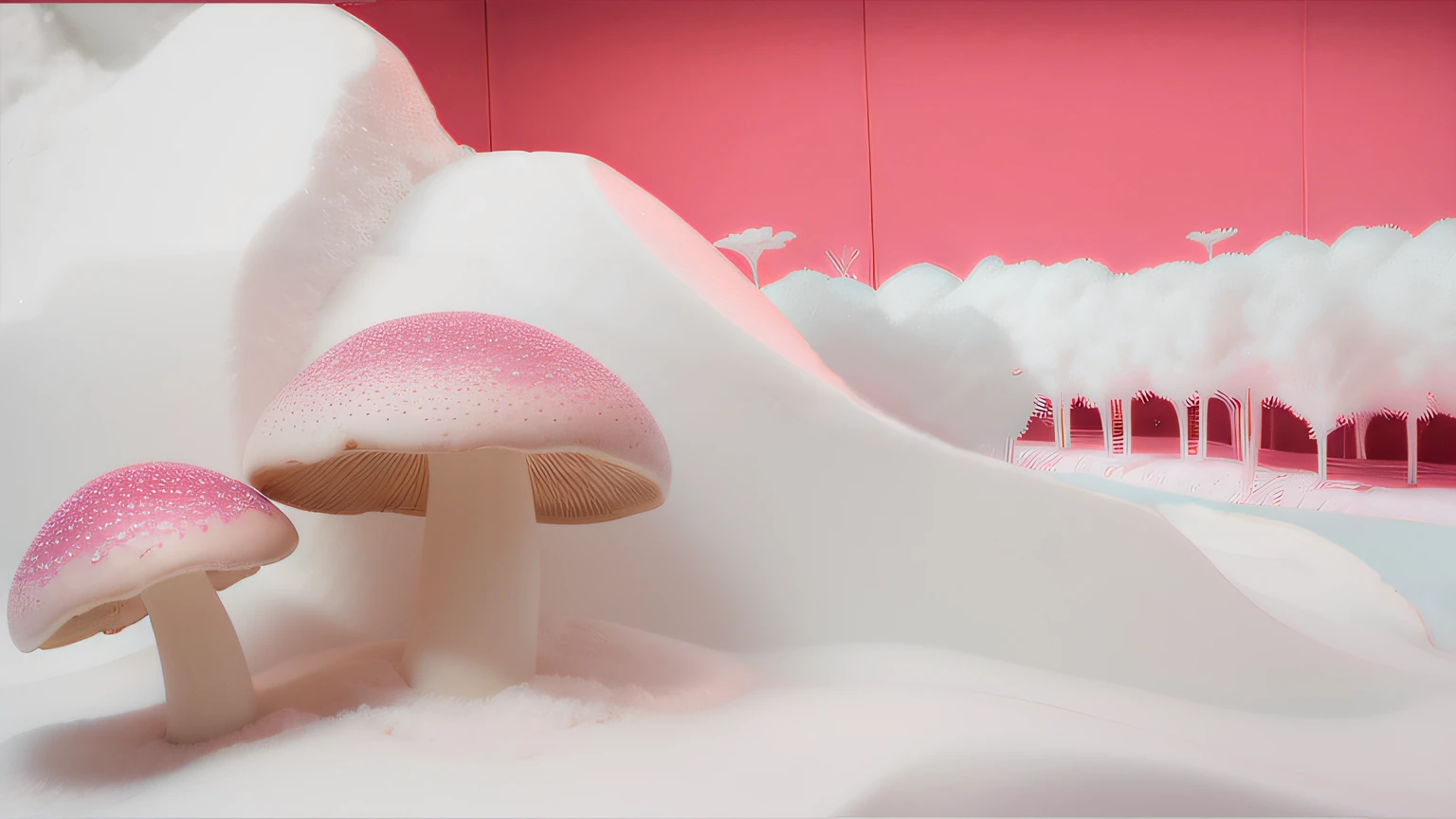 mushrooms. Maquete. mushrooms cor de pink. Neve branca.