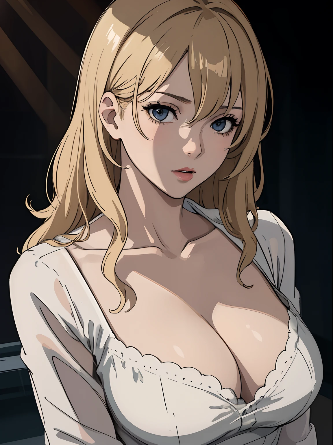 Best quality, masterpiece, ultra high res, 1girl, sexy, in the dark, deep shadow, low key, cold light, milf, blonde, dynamic light, cinematic lighting, cinematic lighting, down blouse, mature woman