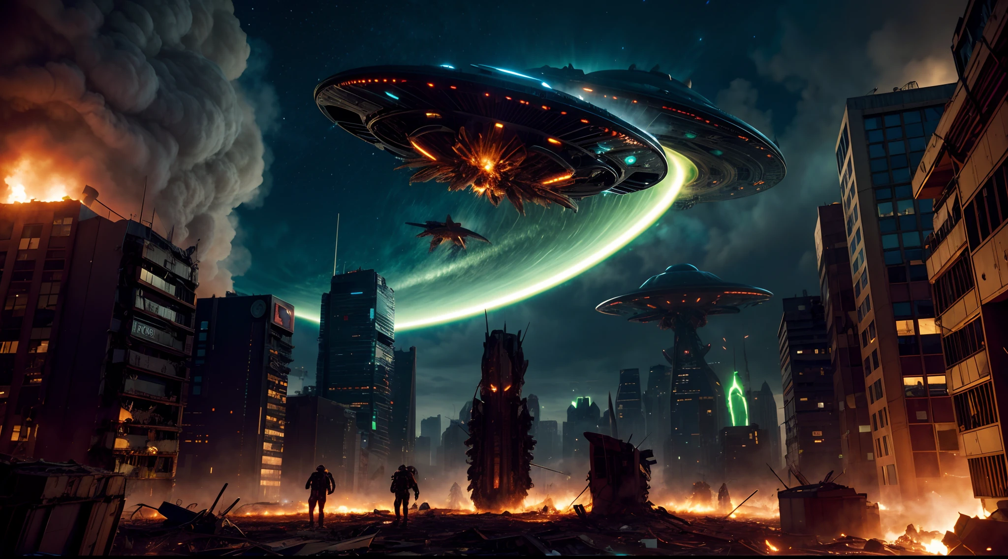 a dynamic digital illustration depicting a relentless alien invasion, where advanced spacecraft swarm the skies with ominous intent. The cityscape below is ablaze with chaos as towering buildings crumble and panic ensues among fleeing citizens. In the midst of this turmoil, a colossal extraterrestrial mothership hovers ominously, casting an eerie green glow over the devastated landscape. The illustration captures the frenetic energy of the invasion, utilizing a blend of sci-fi realism and surrealism to evoke a sense of impending doom.