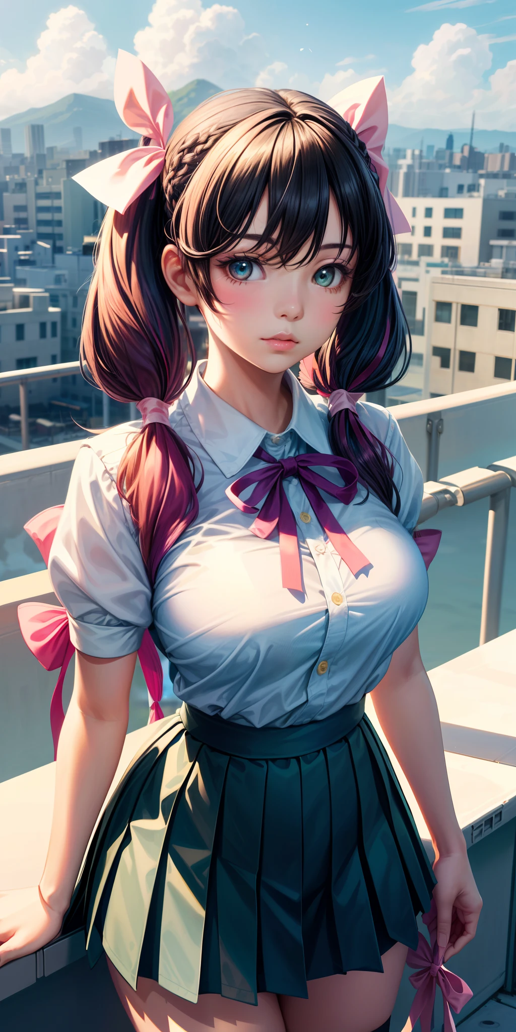 (2young girls), (highly detailed Beautiful face), Amazing face and eyes, (Best Quality:1.4), (Ultra-detailed), (extremely detailed CG unified 8k wallpaper), Highly detailed, High-definition raw color photos, Professional Photography, Realistic portrait, Amazing face and eyes, Pink eyes, (hi-school uniform, pleated mini skirt:1.3), Double buns, brown hair, model, smile shyly, (pink underwear:1.3), (((Bokeh))), depth of fields, School, classroom, sitting, view from below,