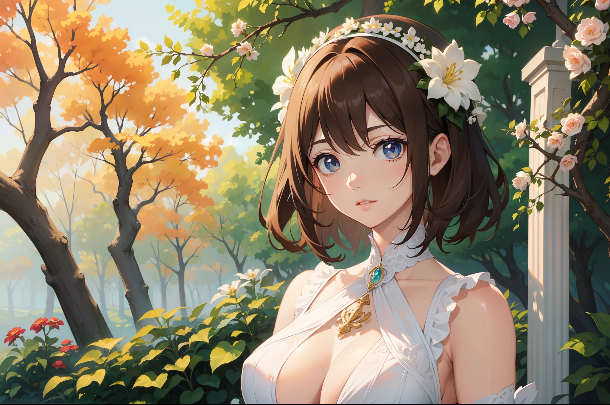 Official Art, Masterpiece European female face, short hair, lightbrown hair , brown eyes , flower garden , (​masterpiece、top-quality、hight resolution: 1.4),in 8K, Drawing of a woman with short lightbrown hair, Anime Art Nouveau, highly detailed exquisite fanart, anime fantasy illustration, clean detailed anime art, detailed anime art, Sharp Focus, Delicate Beautiful Hair and Eyes and Face, realisitic, ultra-detailliert, a beauty girl, sunlight