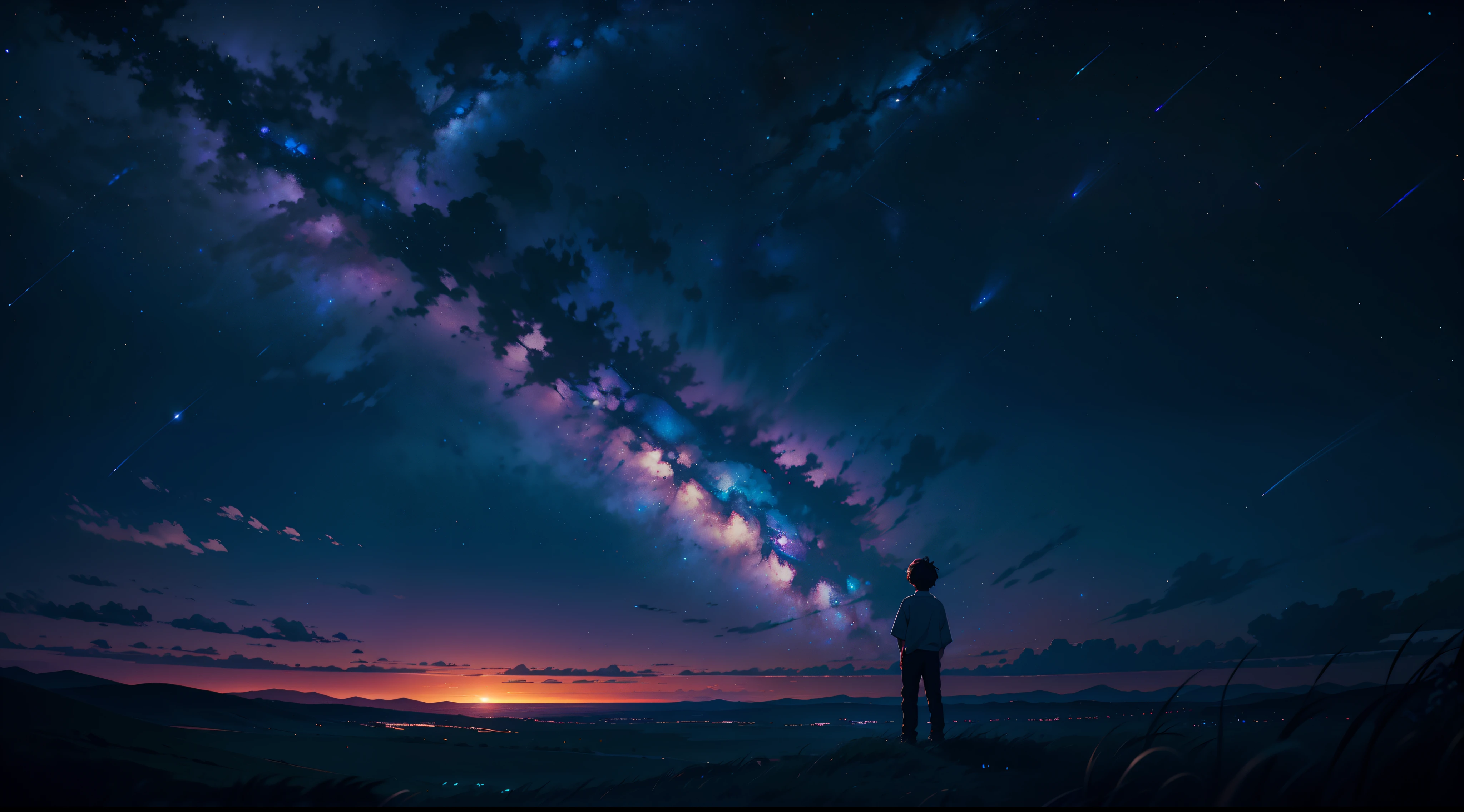 A lonely boy looking up at the sky at night time where the great milky way galaxy is visible in purplish blue color stretching over the horizon. A faraway shot. Cinematic. Wide angle. 4k.