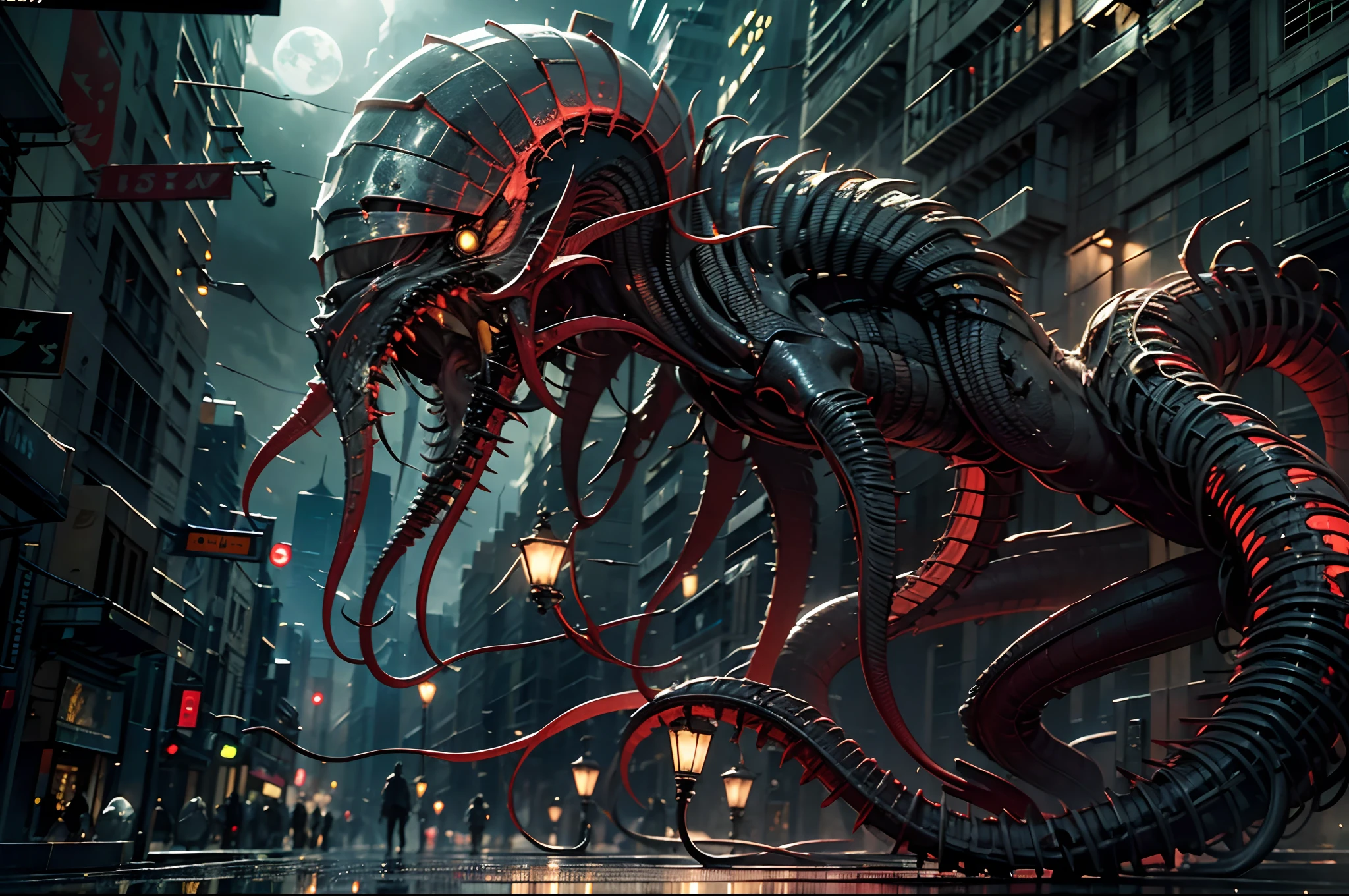 Cinematic image effects，Invasive alien creatures，（Strange bullhead：1.4），Huge pliers，Spooky tentacles，blood vess，，Murderous，（Full body like：1.4），combats，The city was destroyed，Dispersed crowds for their lives，blasts，fire glow，废墟，of a real，Facial features are carefully depicted，Realistic skin texture，Dark style，depth of fields，high light，Real light，Ray traching，oc rendered，Hyper-realistic，best qualtiy，8K，Works of masters，super-fine，Detailed pubic hair，Correct anatomy，sharp focus on eyes，Bokeh，Facial features are carefully depicted