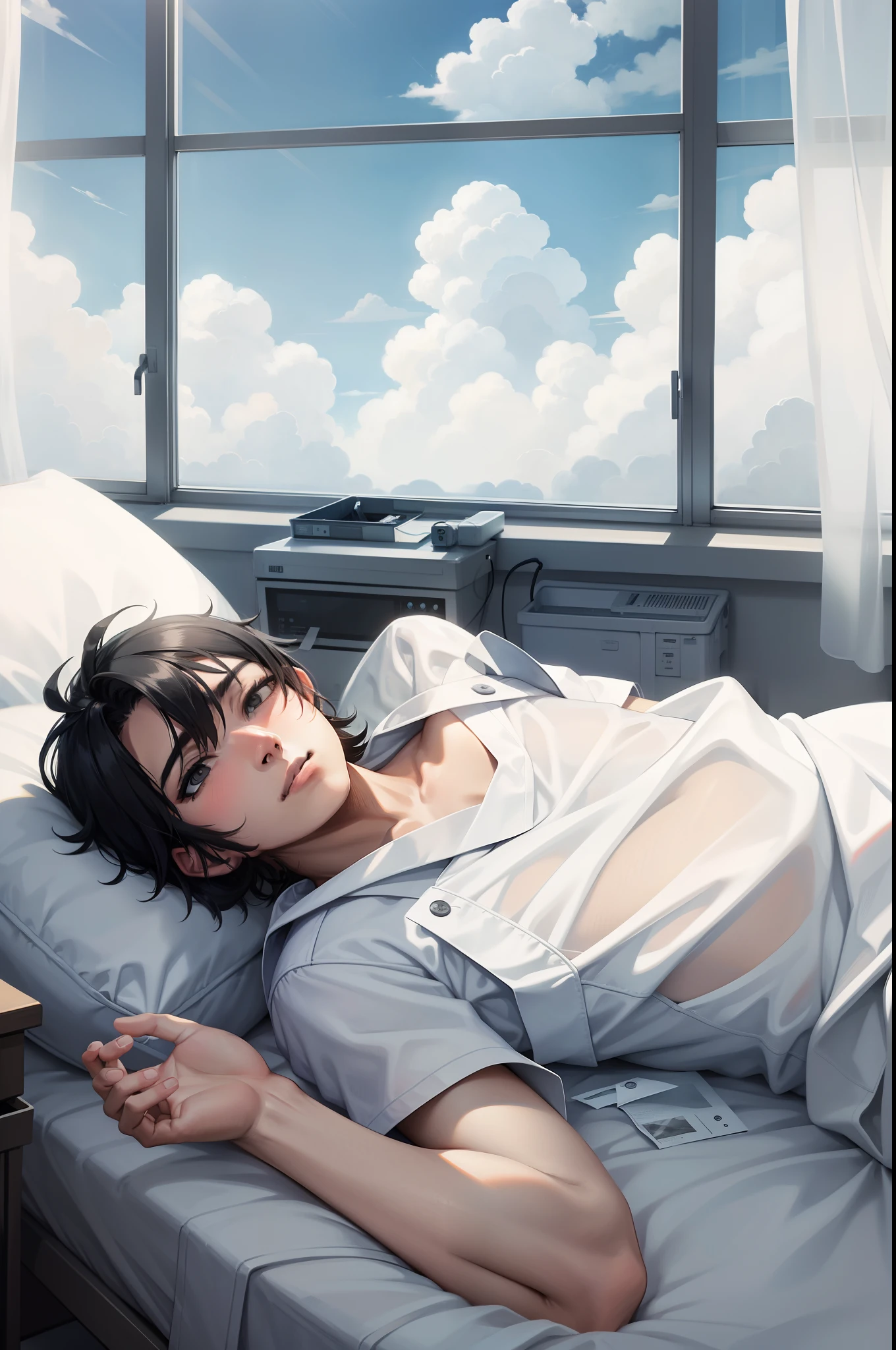 The man lay on the bed in the ward,White Room,White clouds outside the window,black color hair，male people