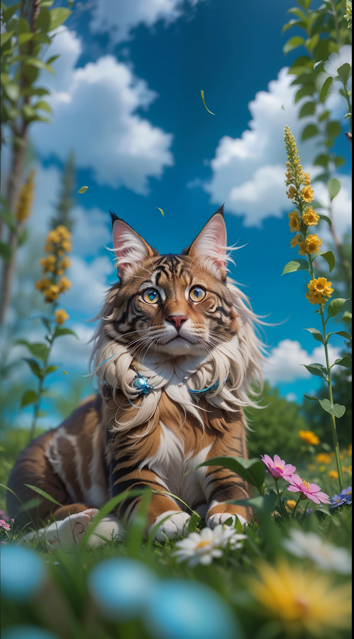 Russet maincoon With blue eyes, Sitting in the grass among the flowers, Very high-quality photo, professionally staged light, on a street with clear weather, blue cumulus clouds in the sky, very beautiful, an awesome landscape against the background, A still from a movie with chromatic aberration, add a bokeh effect and a slightly blurred background, multi-colored particles float in the air, film grain, 8k, super detail, macroLens