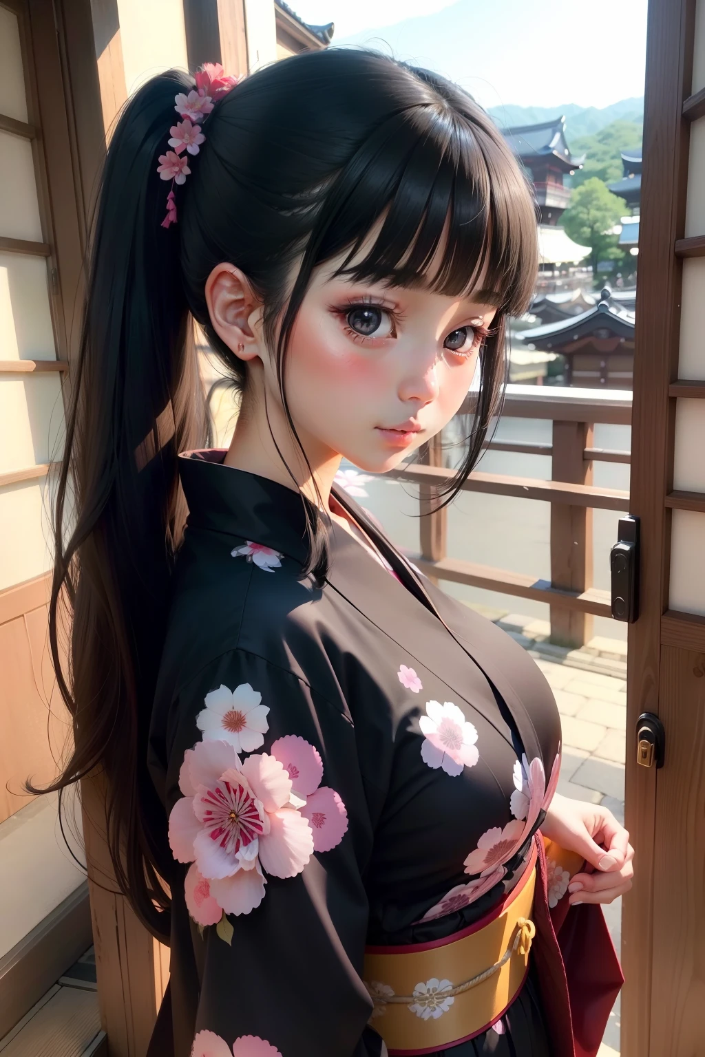 like photo、a beauty girl、poneyTail、Embarrassed look、Caucasian characteristics、Bigger eyes、Long Black Hair、Yukata、full bodyesbian、Scenery of Kyoto、