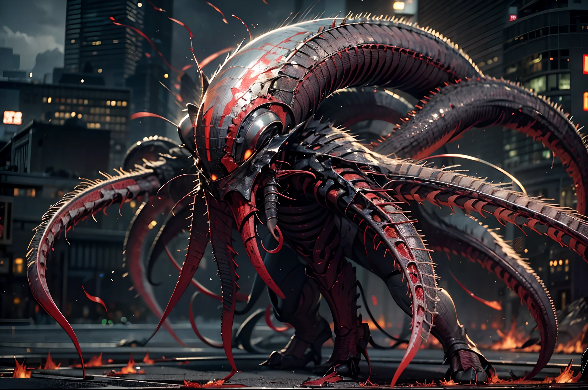 Cinematic image effects，Invasive alien creatures，（Strange bullhead：1.4），Huge pliers，Spooky tentacles，blood vess，，Murderous，（Full body like：1.4），combats，The city was destroyed，Dispersed crowds for their lives，blasts，fire glow，废墟，of a real，Facial features are carefully depicted，Realistic skin texture，Dark style，depth of fields，high light，Real light，Ray traching，oc rendered，Hyper-realistic，best qualtiy，8K，Works of masters，super-fine，Detailed pubic hair，Correct anatomy，sharp focus on eyes，Bokeh，Facial features are carefully depicted