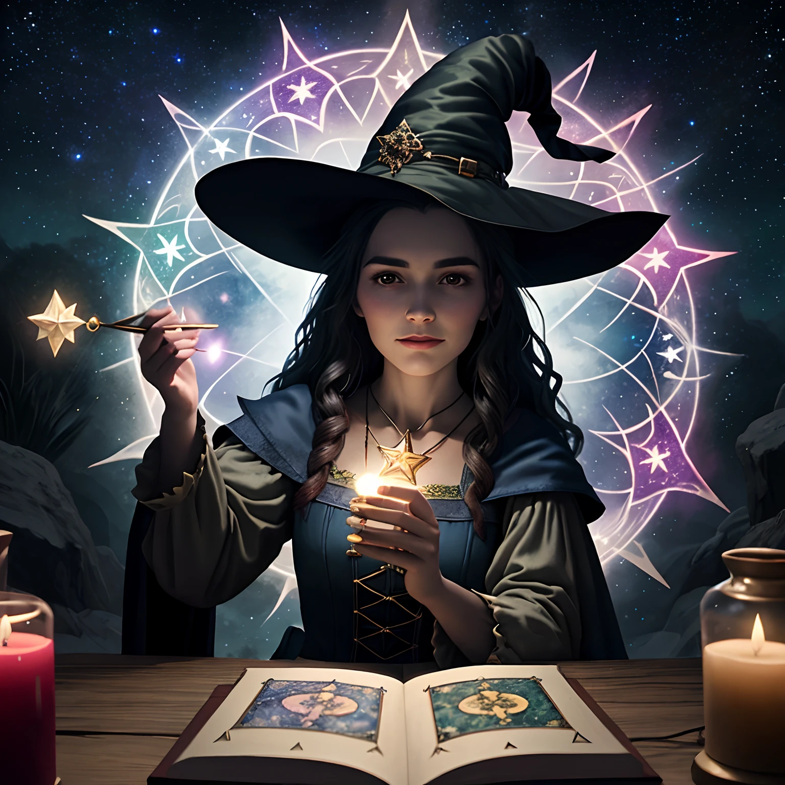 "(a witch doing magic), Tarot cards, cristais, flores, magic lights, estrela de cinco pontas, nuvens roxas e turquesas, magia em 8k."