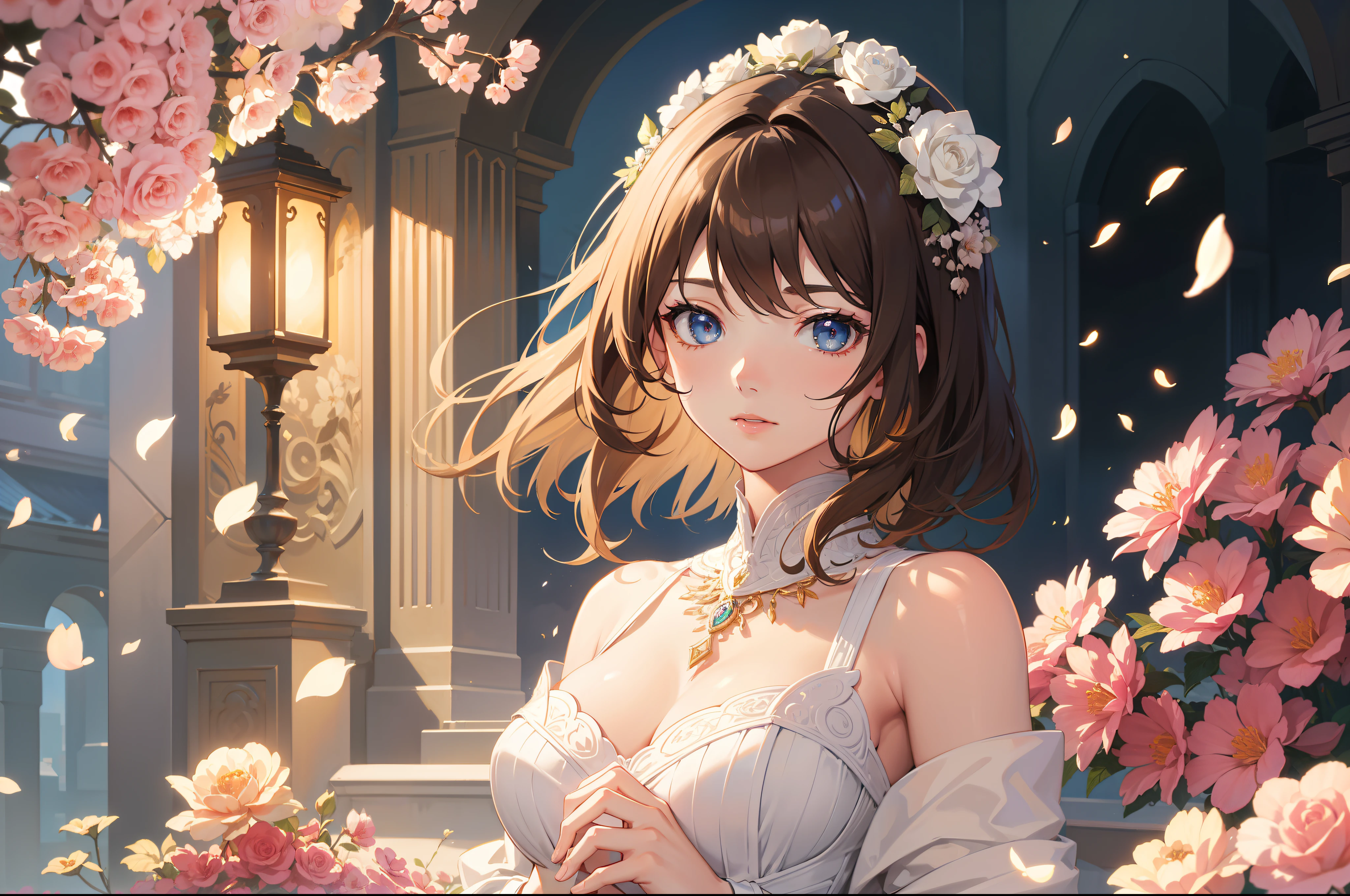 Official Art, Masterpiece European female face, short hair, lightbrown hair , brown eyes , flower garden , (masterpiece、top-quality、hight resolution: 1.4),in 8K, Drawing of a woman with short lightbrown hair, Anime Art Nouveau, highly detailed exquisite fanart, anime fantasy illustration, clean detailed anime art, detailed anime art, Sharp Focus, Delicate Beautiful Hair and Eyes and Face, realisitic, ultra-detailliert, a beauty girl, sunlight