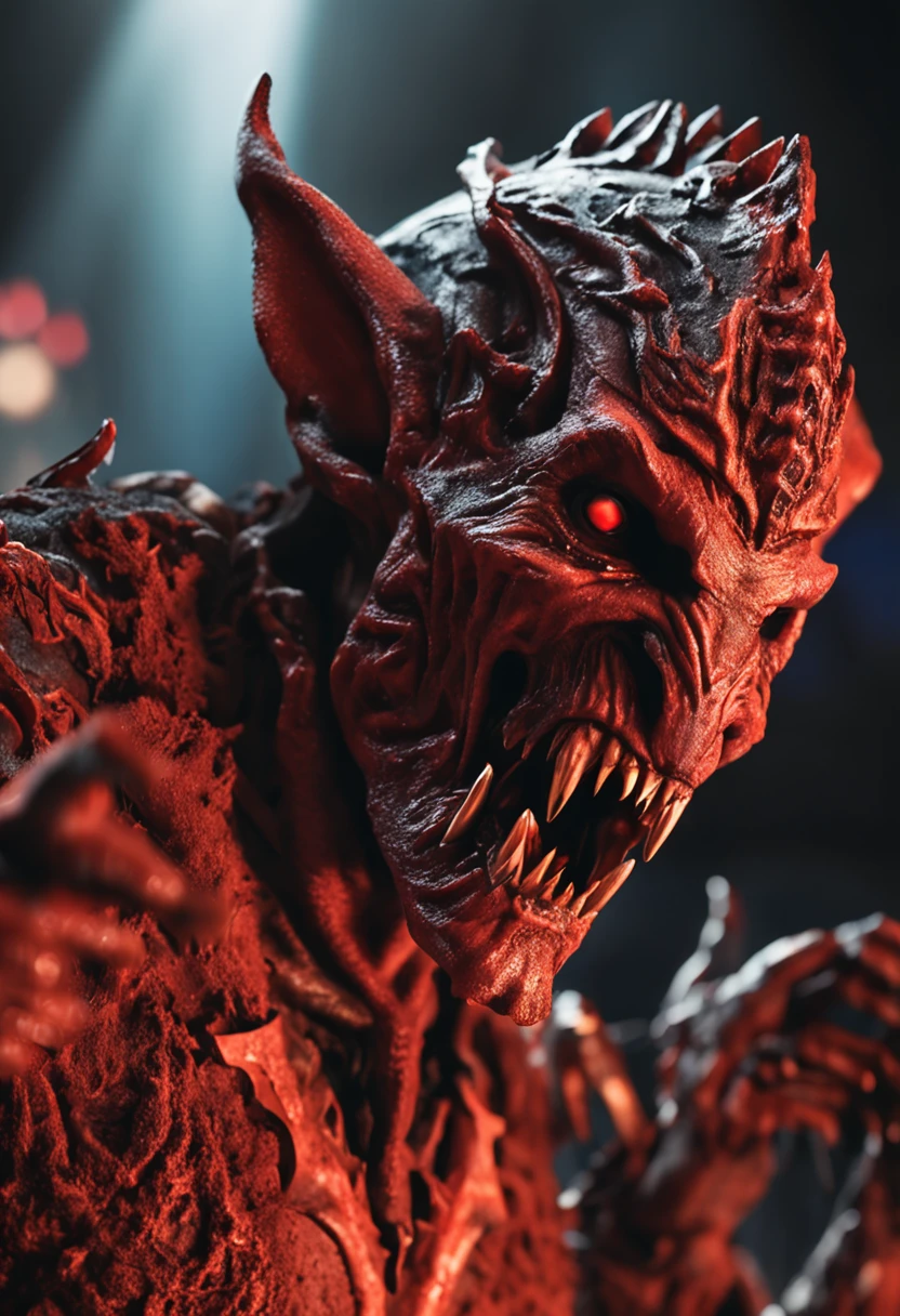 Obra-prima de Groot como um Diabo do Inferno; Background Story: lava, vulkan, Inferno; Devil's gun in hand; Traje do diabo; Olhares assustadores; ultra realistic; Qualidade 8K HDR; Sorriso maligno no rosto; Asas do diabo