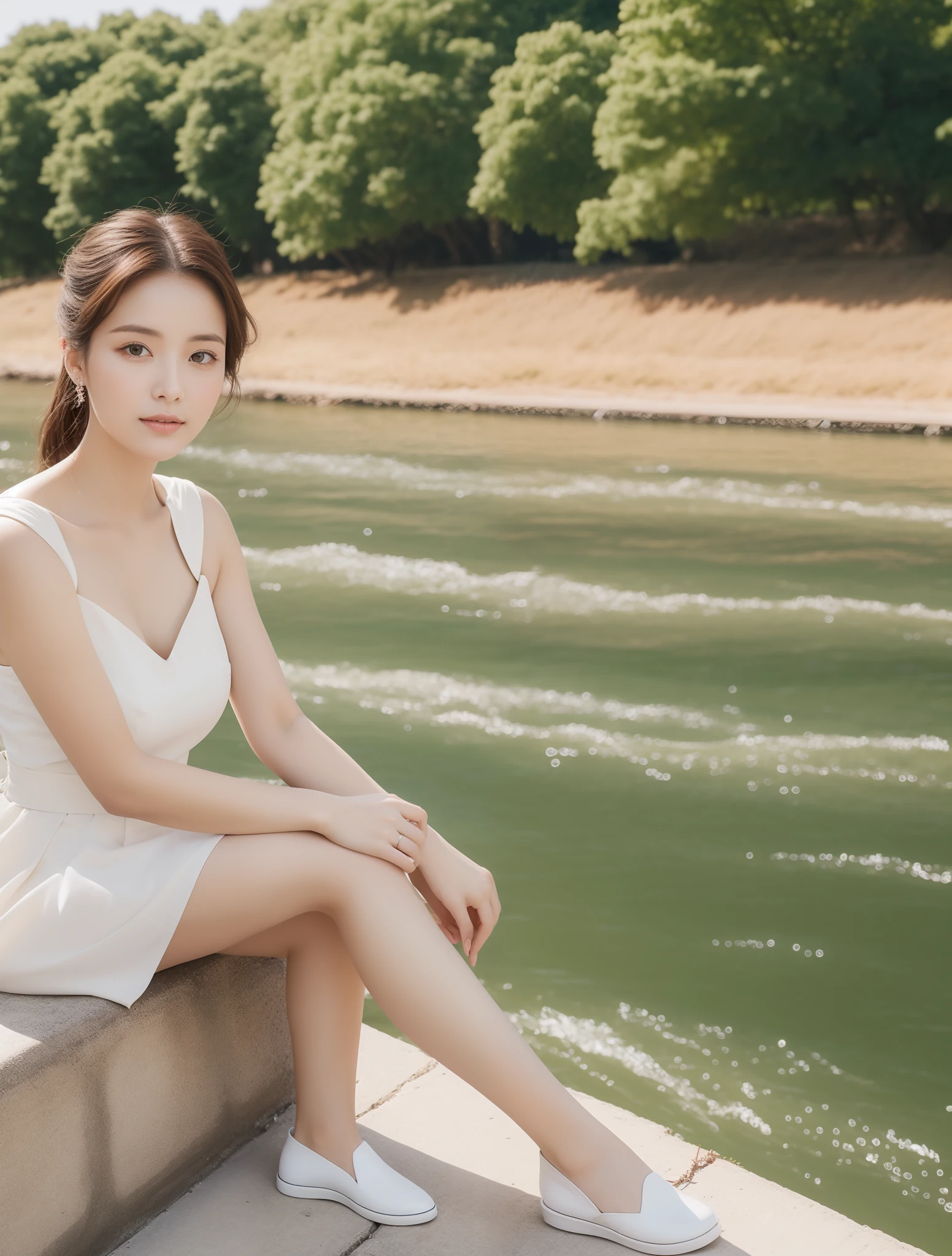High quality，1 beautiful woman，Sit by the river and take pictures