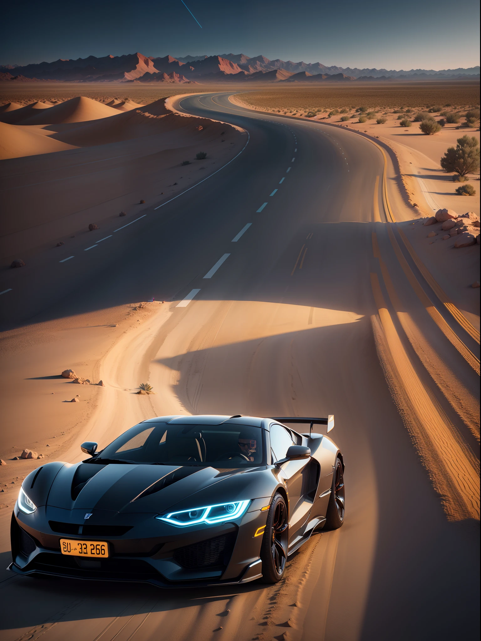 A fast car geometric in the desert landscape, mountains, nighttime, neon, style NFT, precisionism, minimal