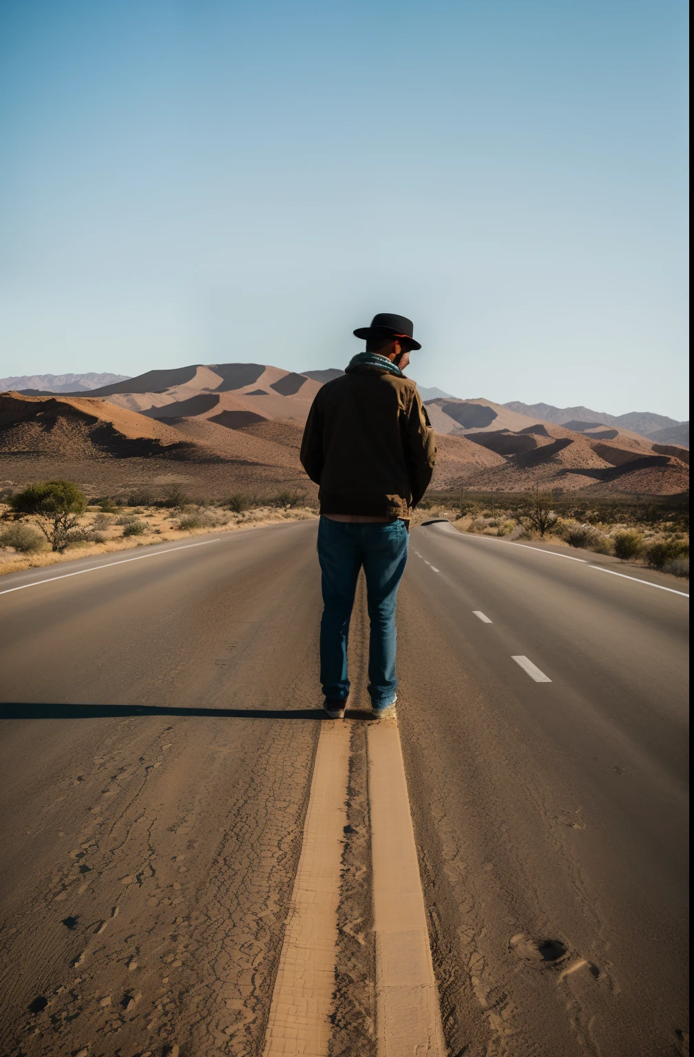 There's a man standing on the road with a skateboard., standing on road, standing bravely on the road, em uma estrada, Longo Caminho, em uma estrada deserta, estrada aberta, standing in street, Estrada, rodovia, a estrada, estrada longa, standing in a desert, cantor e compositor nin, standing in the street, standing in desert, standing in desert