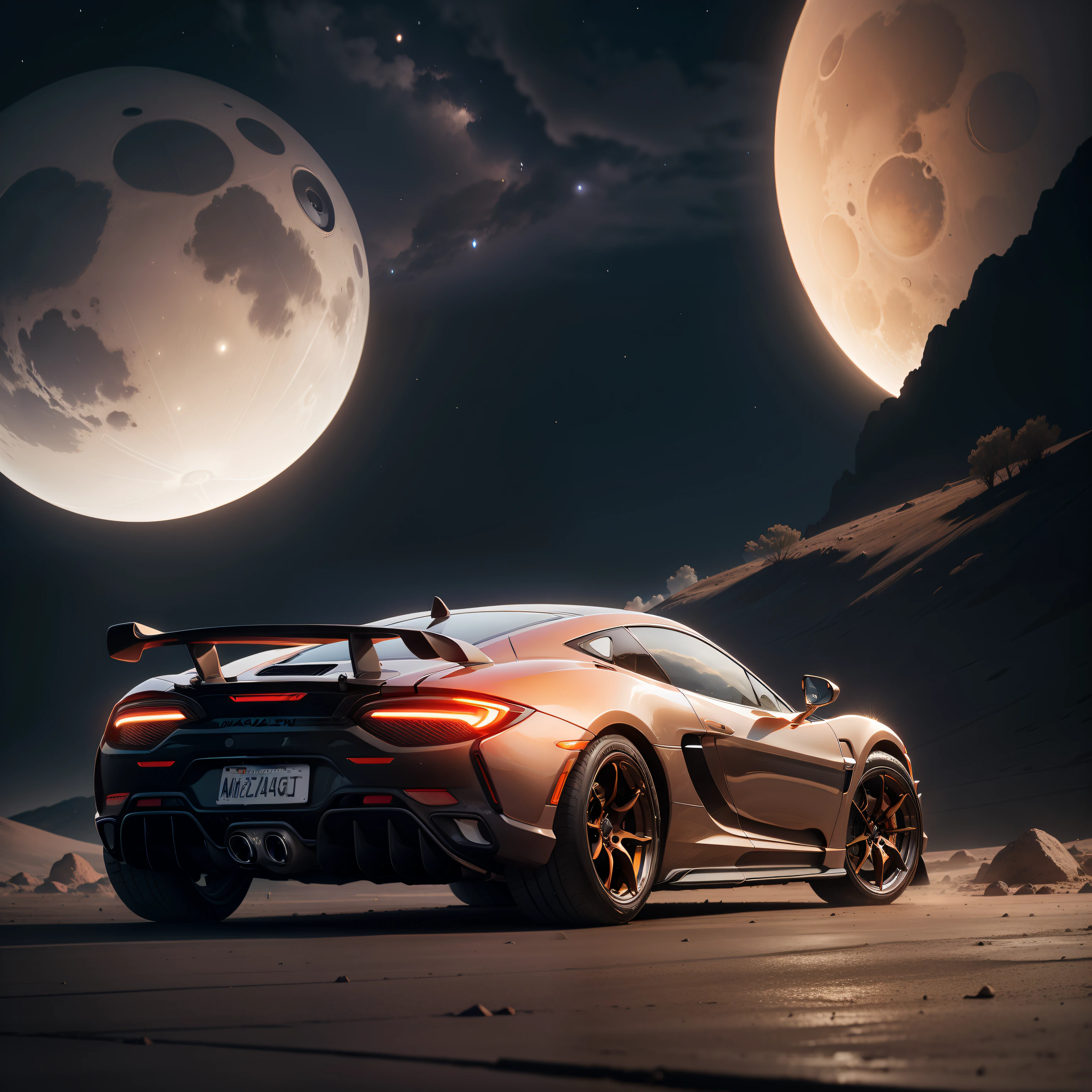 Maclaren car on moon illusion background Saturn show on sky