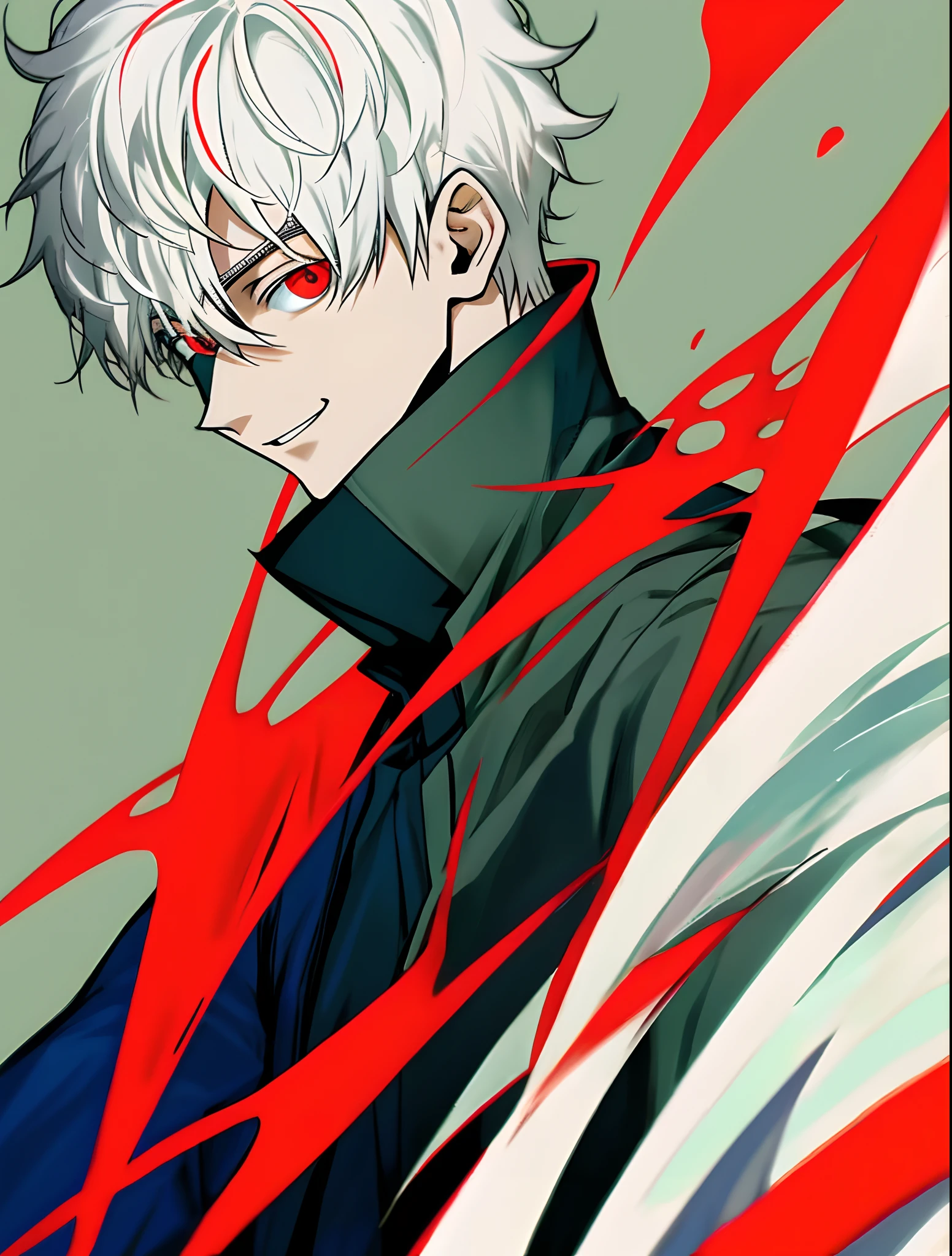 white color hair，red color eyes，boy，One guy，A loneliness
Love to laugh，lookingat