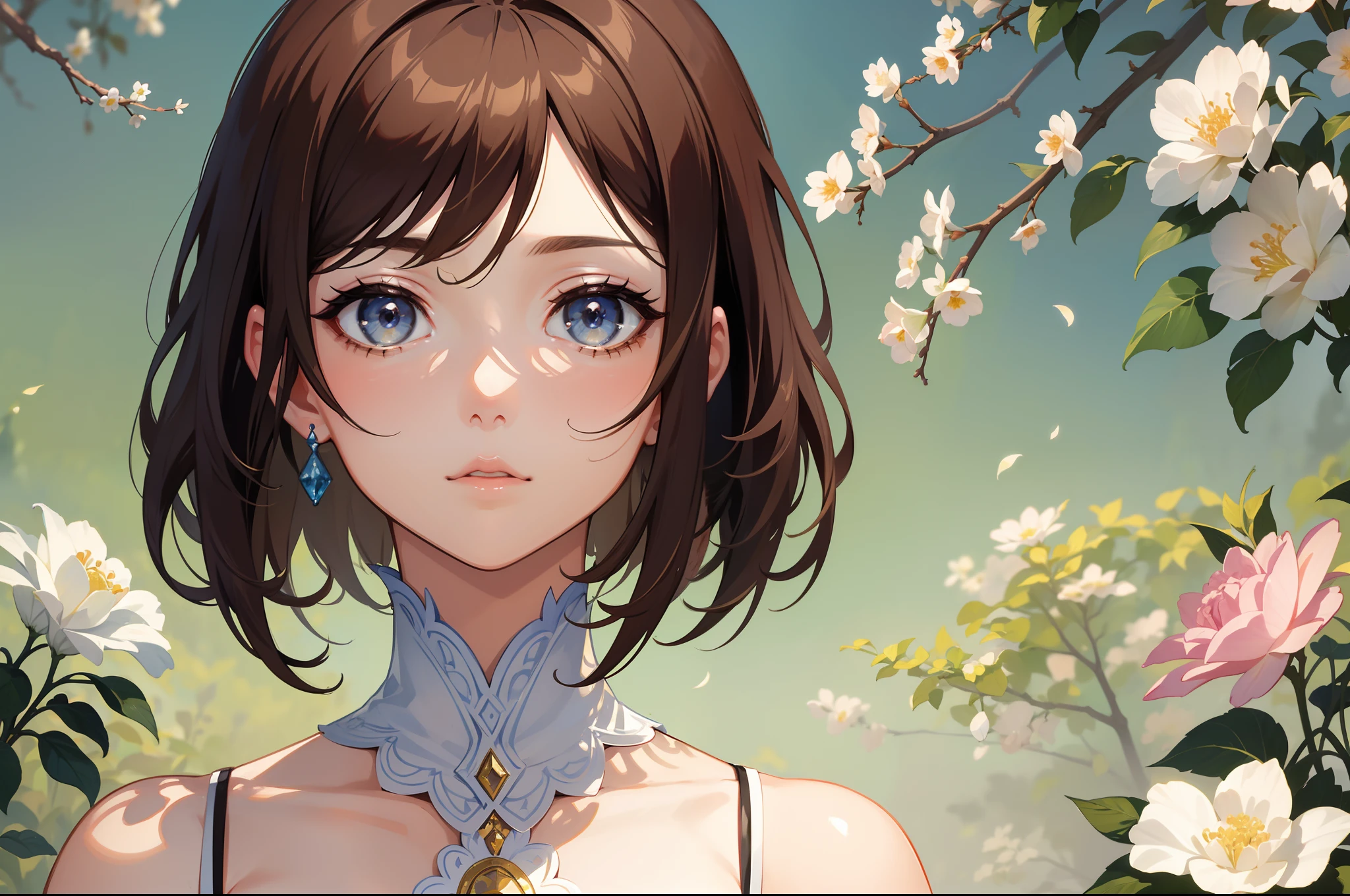 Official Art, Masterpiece European female face, short hair, lightbrown hair , brown eyes , flower garden , (masterpiece、top-quality、hight resolution: 1.4),in 8K, Drawing of a woman with short lightbrown hair, Anime Art Nouveau, highly detailed exquisite fanart, anime fantasy illustration, clean detailed anime art, detailed anime art, Sharp Focus, Delicate Beautiful Hair and Eyes and Face, realisitic, ultra-detailliert, a beauty girl, sunlight
