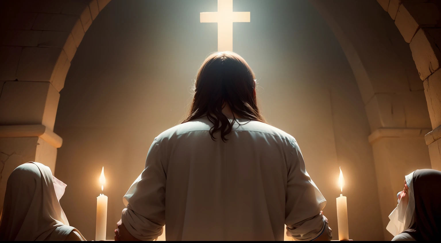 Gere uma imagem que retrate Jesus Cristo em ato de cura. Visualize a scenario that refers to an ancient village, where people gather for healing and solace. No centro da cena, depict Jesus with hands outstretched over an individual, emanando uma luz dourada de cura. Other people watch with faith and hope, while the atmosphere exudes peace and renewal. The captured moment should convey the compassion and healing power of Jesus in an environment touched by divinity