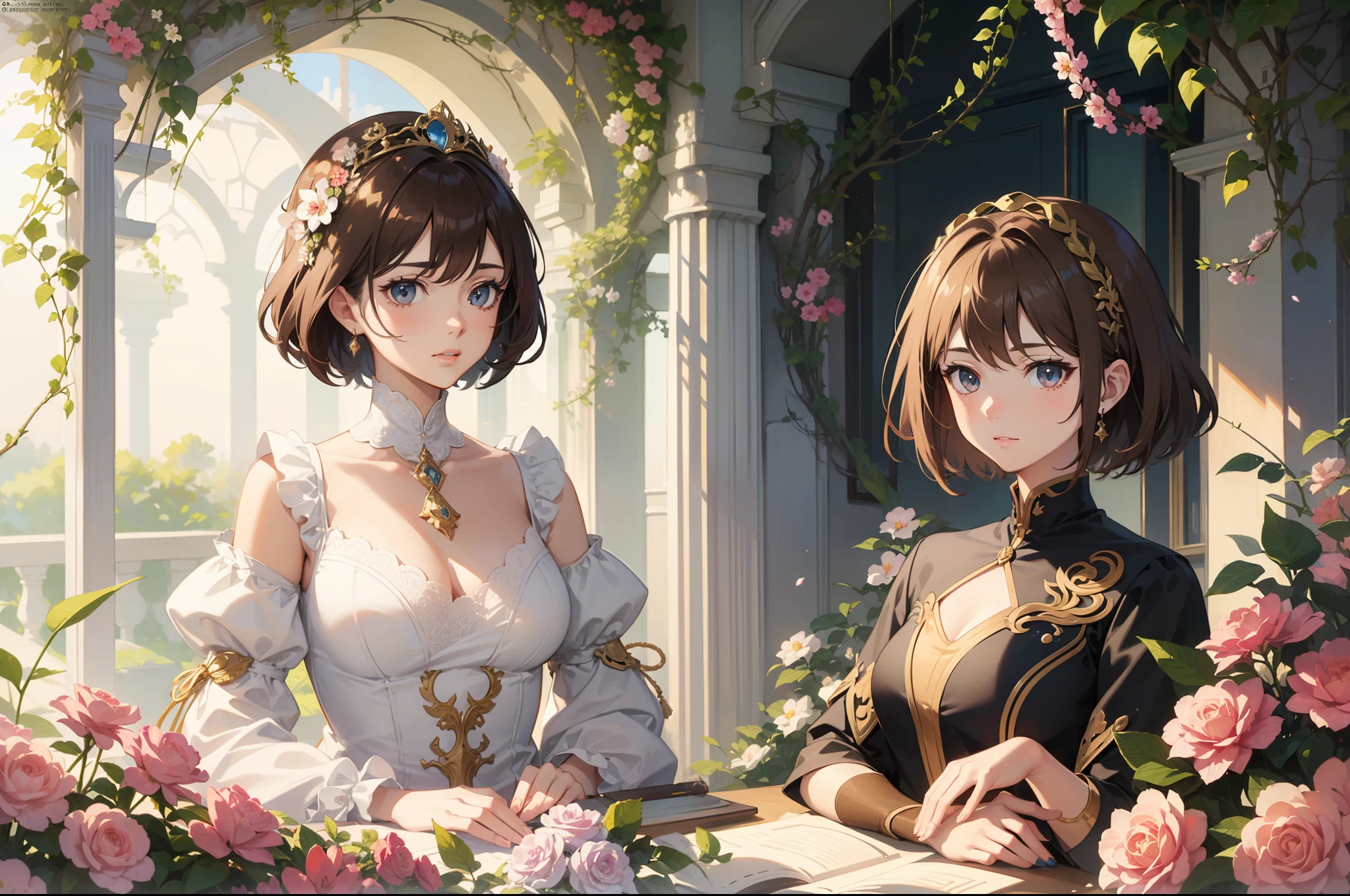 Official Art, Masterpiece European female face, short hair, lightbrown hair , brown eyes , flower garden , (masterpiece、top-quality、hight resolution: 1.4),in 8K, Drawing of a woman with short lightbrown hair, Anime Art Nouveau, highly detailed exquisite fanart, anime fantasy illustration, clean detailed anime art, detailed anime art, Sharp Focus, Delicate Beautiful Hair and Eyes and Face, realisitic, ultra-detailliert, a beauty girl, sunlight