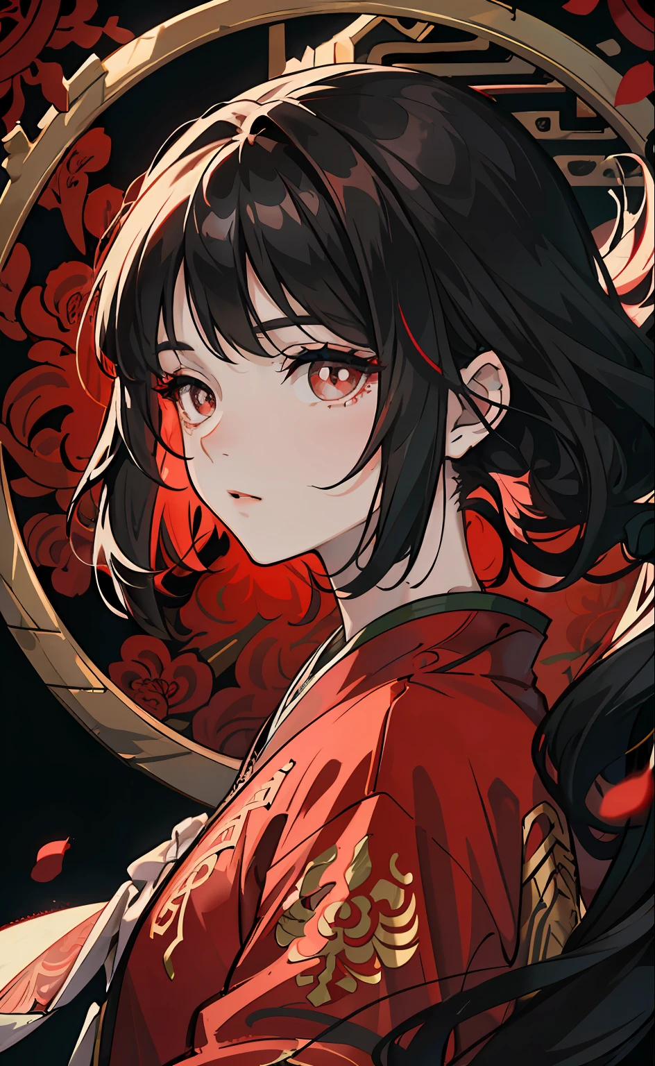 Mature girl, black hair, floating hair, delicate eyes, red pupils, heroine, black and red antique damask hanfu, FOV, f1.8, masterpiece, complex scene, gorgeous portrait shot