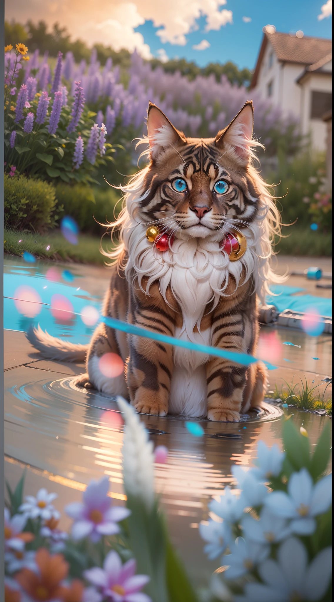 Russet maincoon With blue eyes, Sitting in the grass among the flowers, Very high-quality photo, professionally staged light, on a street with clear weather, blue cumulus clouds in the sky, very beautiful, an awesome landscape against the background, A still from a movie with chromatic aberration, add a bokeh effect and a slightly blurred background, multi-colored particles float in the air, film grain, 8k, super detail, macroLens