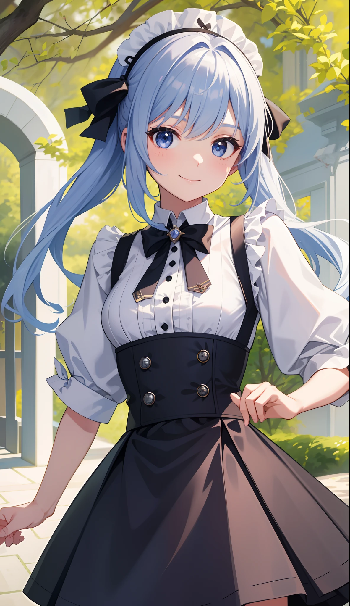 1girl in、A smile、A delightful! The shirt、skirt by the、(small tits)pinafore、doress、hair adornments、(Maids)、run!Spring breeze、