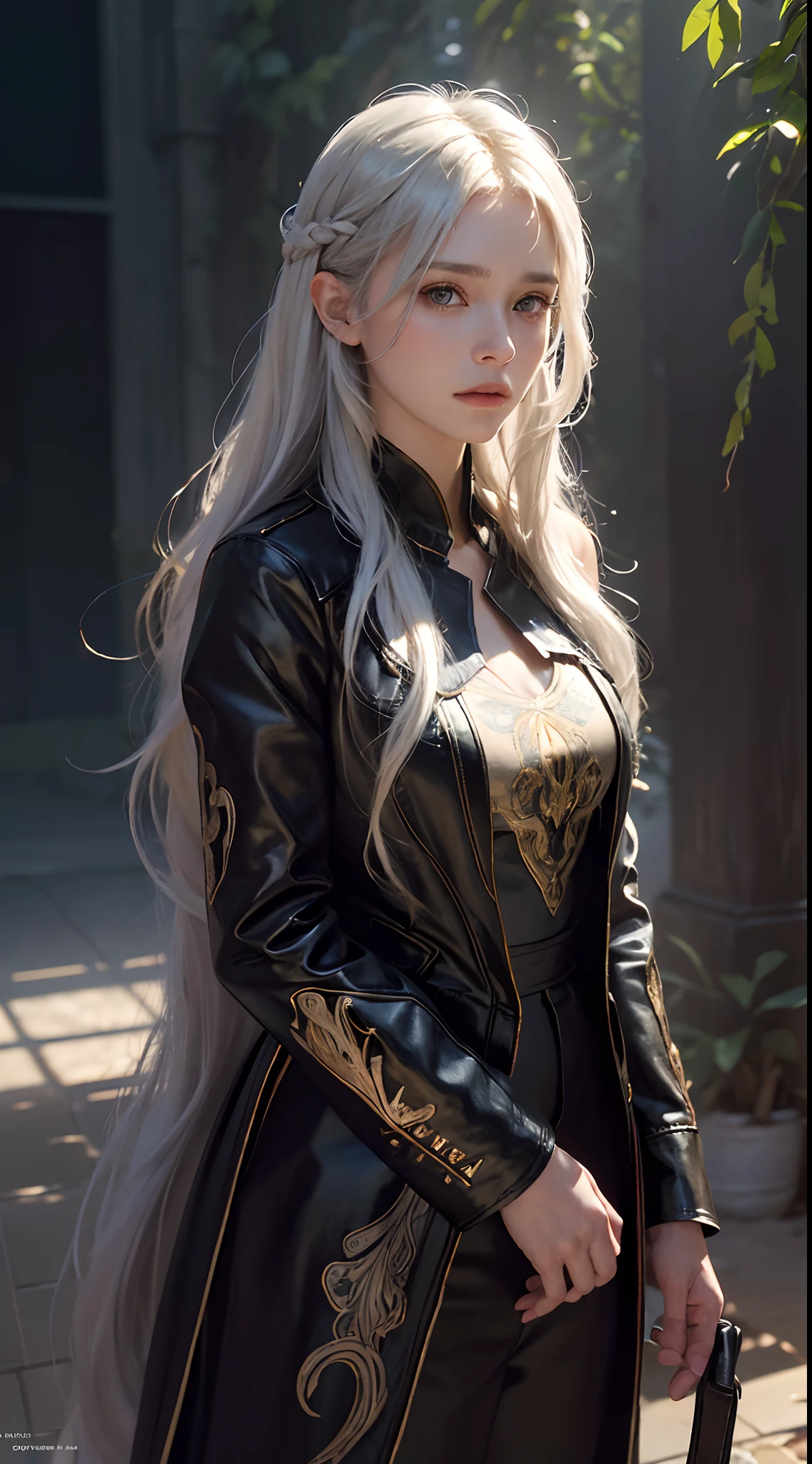 Hyperrealist portrait of female by david hockney and alphonse mucha,fantasy art, photo realistic, dynamic lighting, artstation, poster, volumetric lighting, very detailed faces, 4 k, award winning,, 1girl, in the dark, deep shadow, low key,cowboy shot,(official clothing:1.4) ,long hair,white hair,