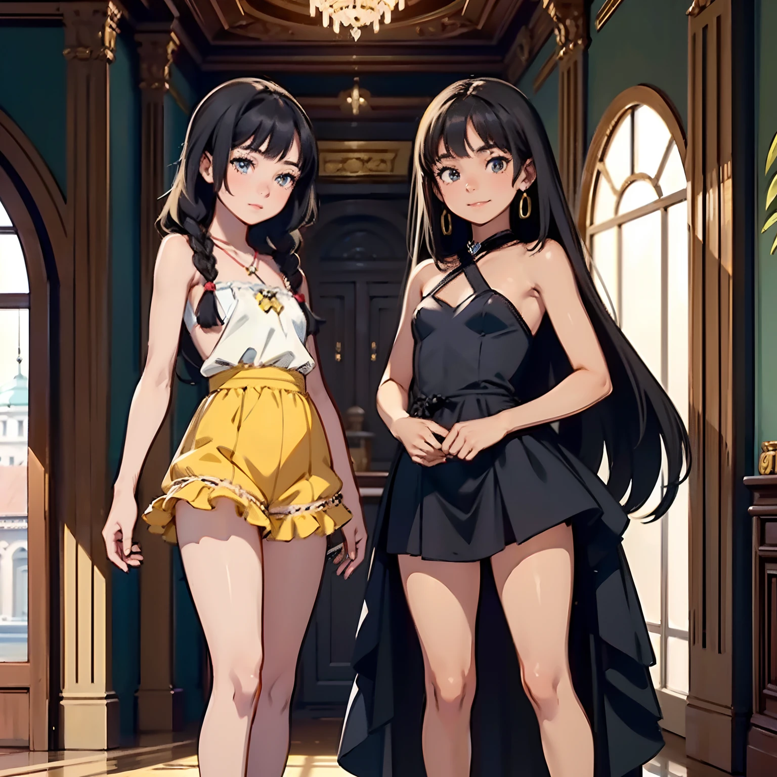 2girls,17yo,smile,beautiful face,anime detailed, sideboob,black young princess sisters with hair braids and almond shaped eyes, dark brown skin, full body wearing yellow princess dress, 8k, high quality, high resolution,16k,8k, 4k, hd,(well designed body), amazing body, (super detailed), beautiful eyes, cartoon,(gorgeous and luxurious palace:1.3),short skart,show off panties,(lift skart),(race panties)