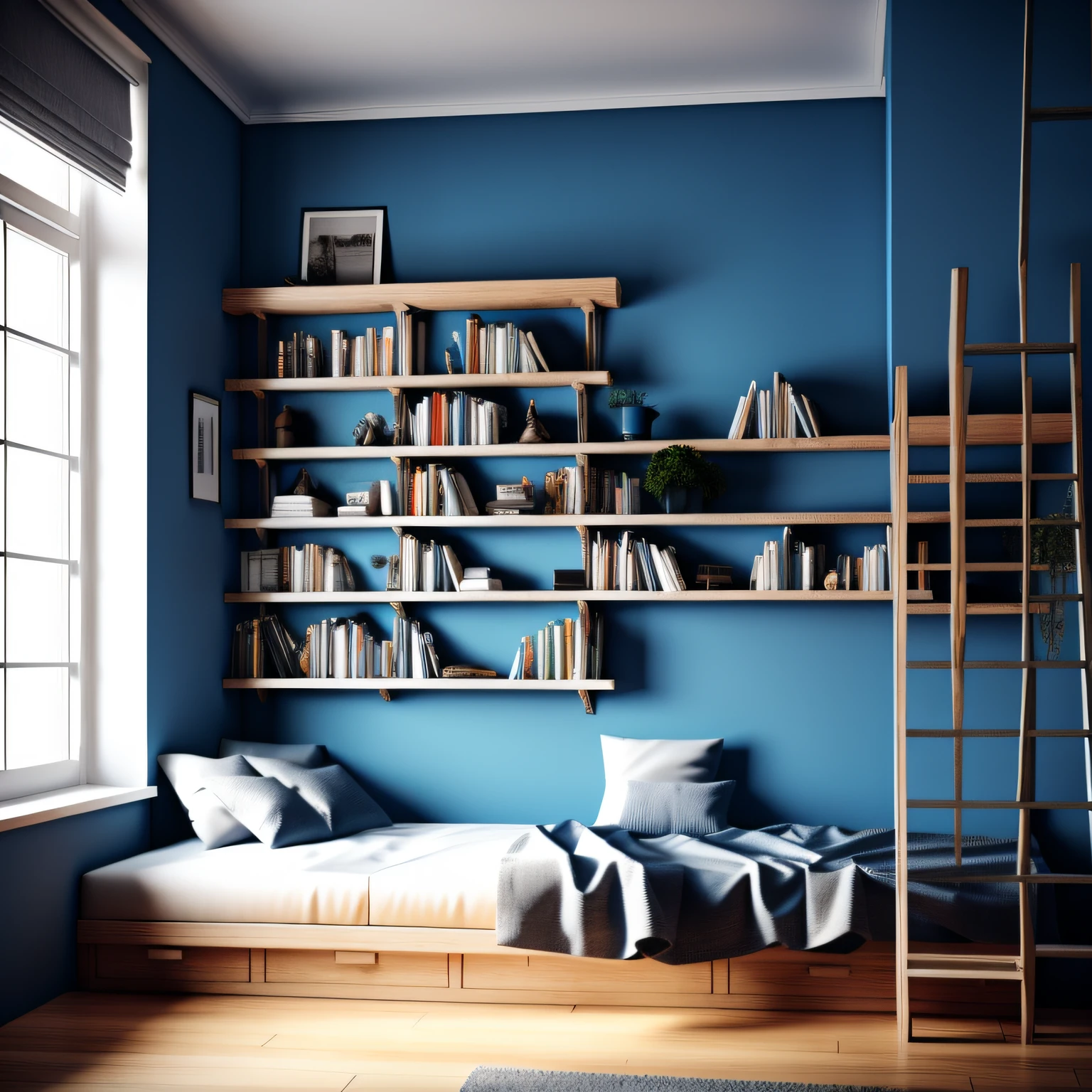 Canto aconchegante com tons de azul, books and a window overlooking the sky.