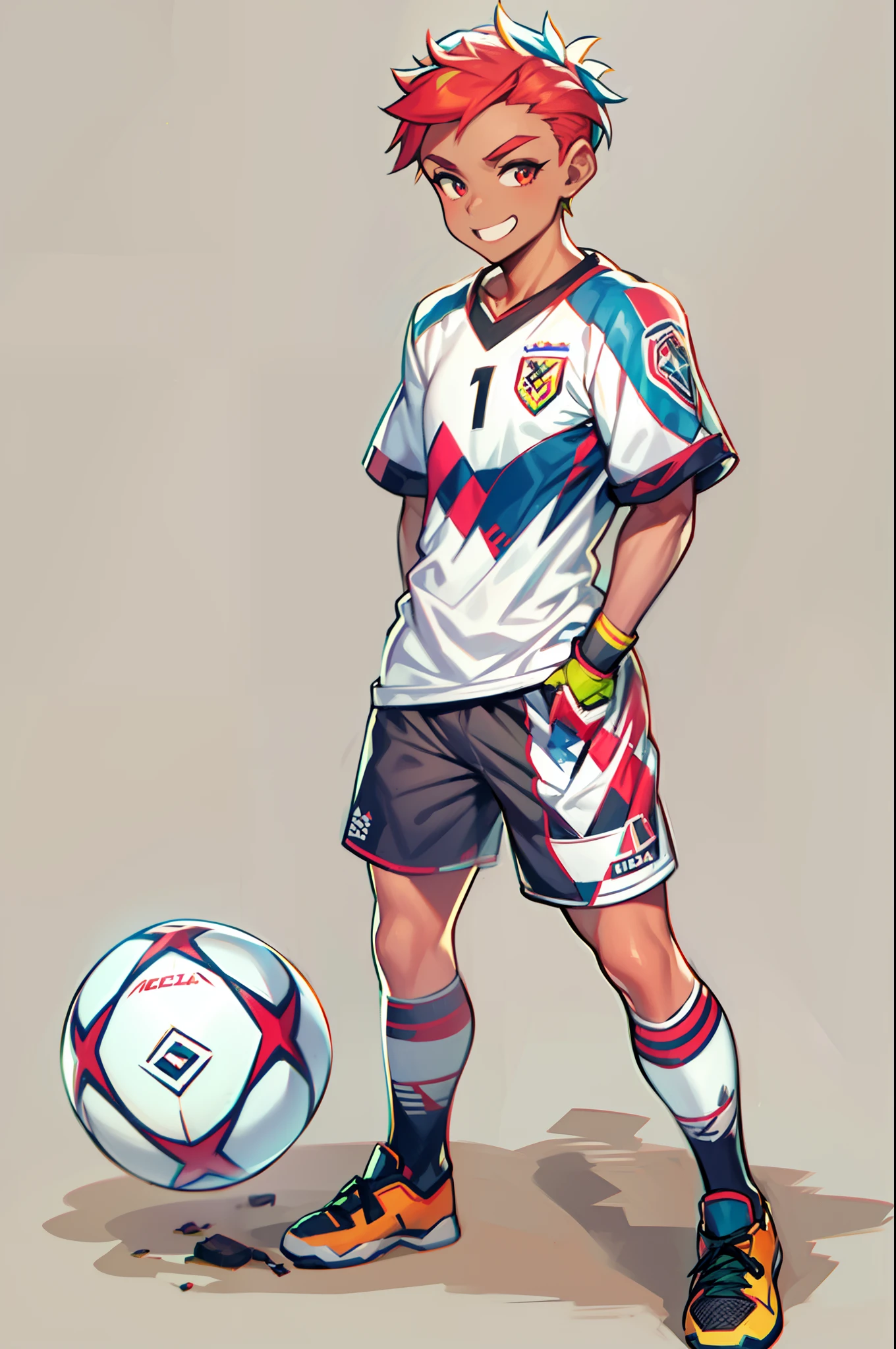 (obra-prima, melhor qualidade: 1.2),solo, foco masculino, 1boy, bachira meguru, sorriso, olhando para o espectador, roupas esportivas, campo de futebol,diamond, multicolored hair, multicolored eyes
