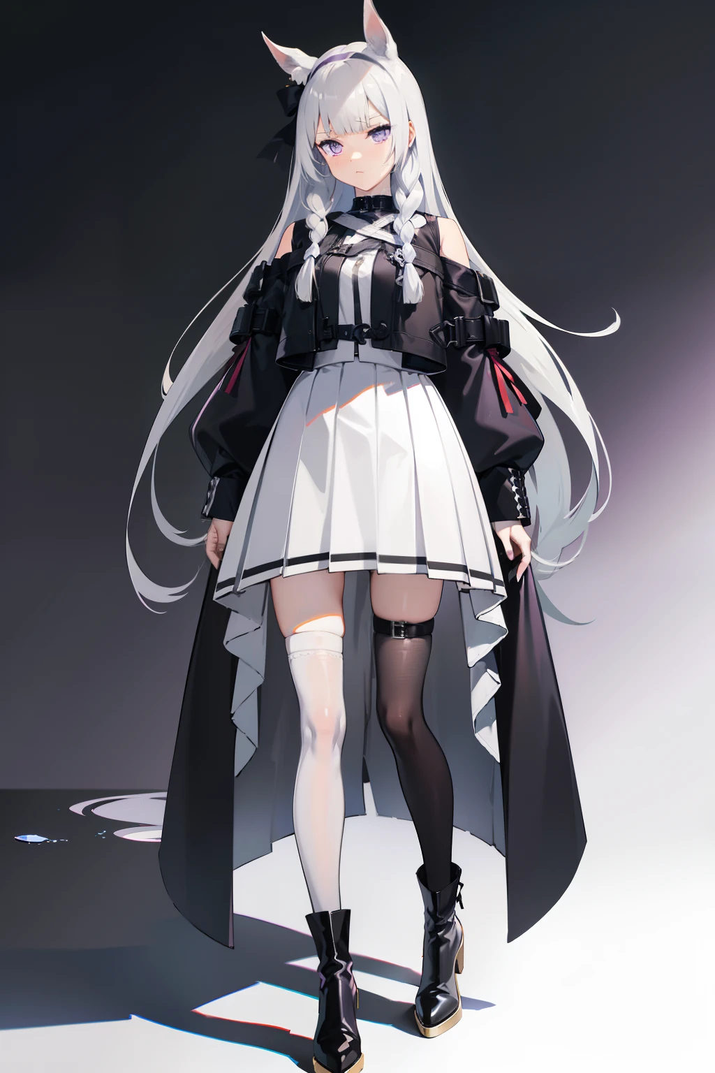 Horse girl，Long silver-white gradient gray hair，purpleeyes，White pleated skirt，Black army coat，White stockings on the left leg，Right leg black stockings，Gray low-heeled boots，black glove，Face