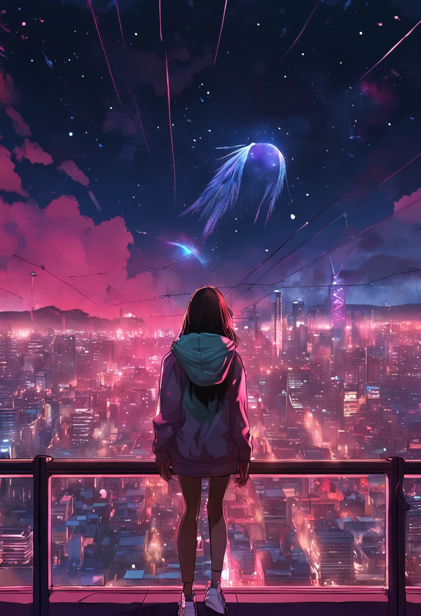"Image Quality: 8K (Best Quality Scale: 1.2), Artistic Style: Realistic, Photorealistic Factor: 1.37, Clarity: Ultra High Definition, Subject:1girl flying above stunning cityscape ,hoodie,brown hair, neon color shooting stars, very long hair, off shoulder, feather hair ornament, neon colors, flashes, stunning night sky, Teenage Girl (16 years old), Notable Features: Pleasant Smile, Closed Mouth, Exquisite Details, Lovely Nose, Composition: Full Body, Damp Hair, Context: Amidst Colossal Dalsefo, huge Angel wings very detailed