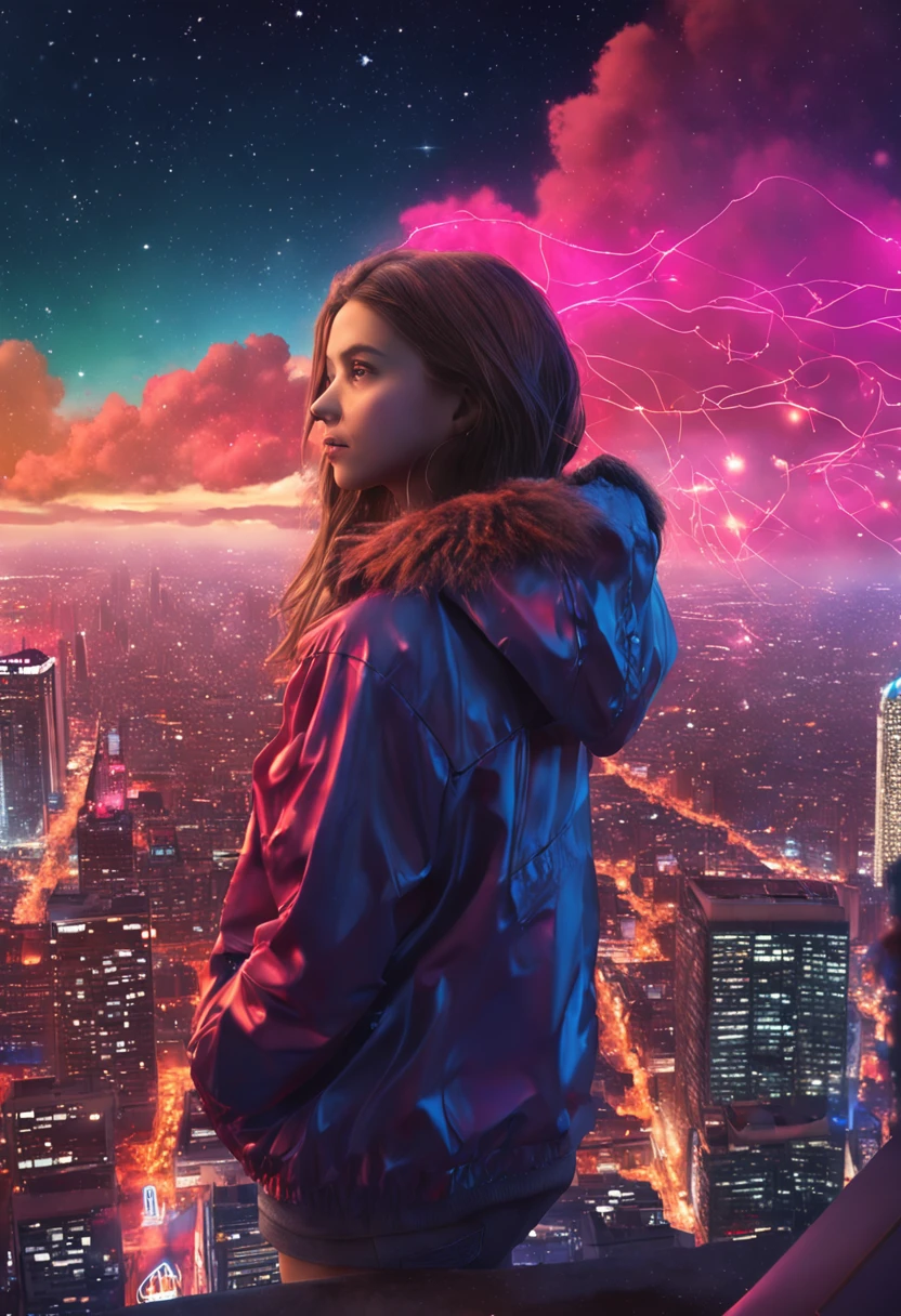 "Image Quality: 8K (Best Quality Scale: 1.2), Artistic Style: Realistic, Photorealistic Factor: 1.37, Clarity: Ultra High Definition, Subject:1girl flying above stunning cityscape ,hoodie,brown hair, neon color shooting stars, very long hair, off shoulder, feather hair ornament, neon colors, flashes, stunning night sky,  Girl (16 yearble Features: Pleasant Smile, Closed Mouth, Exquisite Details, Lovely Nose, Composition: Full Body, Damp Hair, Context: Amidst Colossal Dalsefo, huge Angel wings very detailed