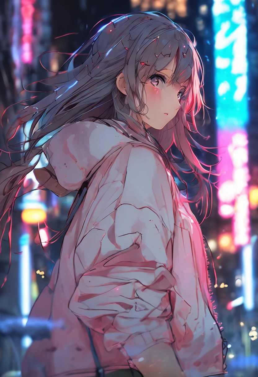 "Image Quality: 8K (Best Quality Scale: 1.2), Artistic Style: Realistic, Photorealistic Factor: 1.37, Clarity: Ultra High Definition, Subject:1girl flying above stunning cityscape ,hoodie,brown hair, neon color shooting stars, very long hair, off shoulder, feather hair ornament, neon colors, flashes, stunning night sky, Teenage Girl (16 years old), Notable Features: Pleasant Smile, Closed Mouth, Exquisite Details, Lovely Nose, Composition: Full Body, Damp Hair, Context: Amidst Colossal Dalsefo, huge Angel wings very detailed