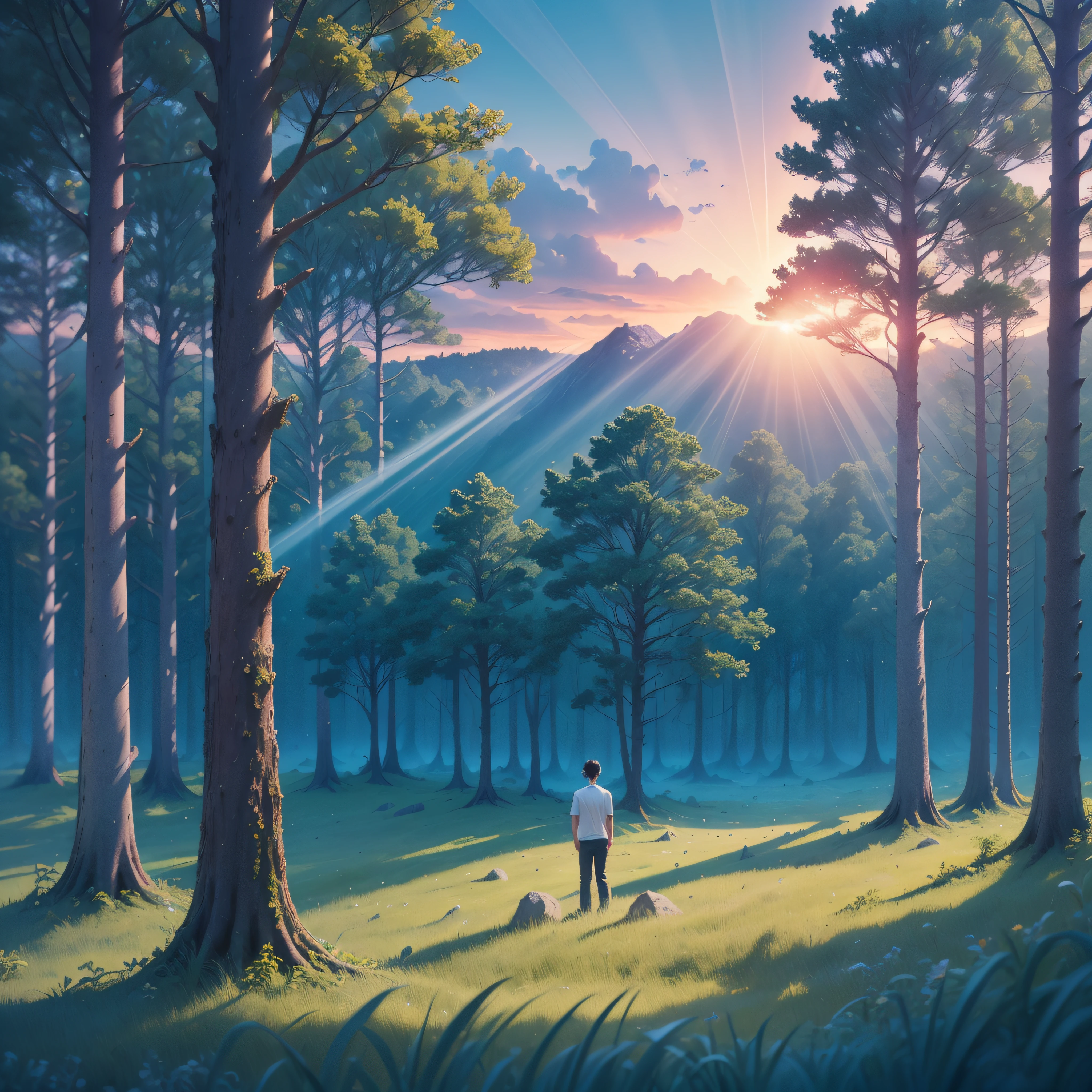 blue sunset, god rays ,forest,highly detailed colors, watercolour, abstract painting by Beksinski, part of Adrian Ghenie and Gerhard Richter, masterpiece,8k high resolution, ultra render cinematic, standing young man with black hair, white shirt, focused.