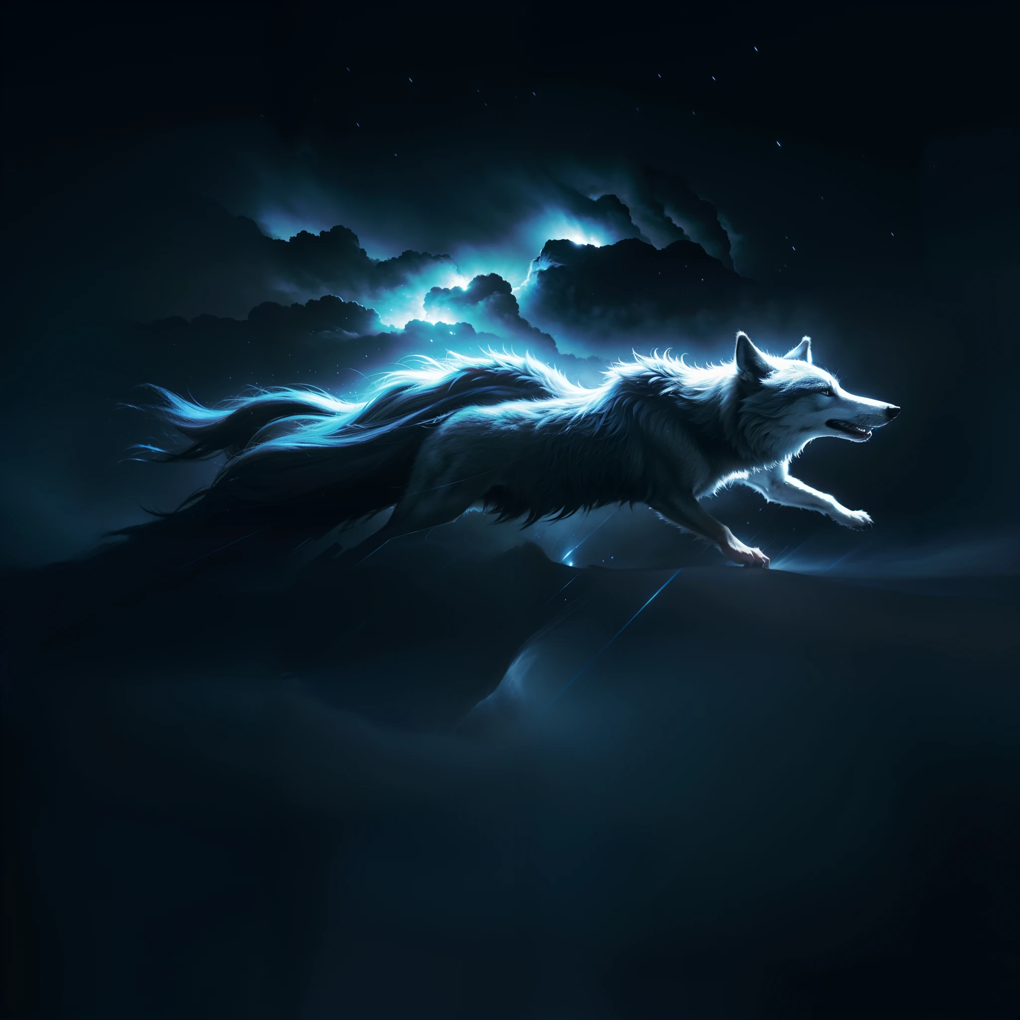 (Detailed description) (Best Quality) (Full Resolution) (Realistic) Wolf, Wolf in a Thunderstorm, galactic, Galaxy, Thunderstorm, Cute Wolf
