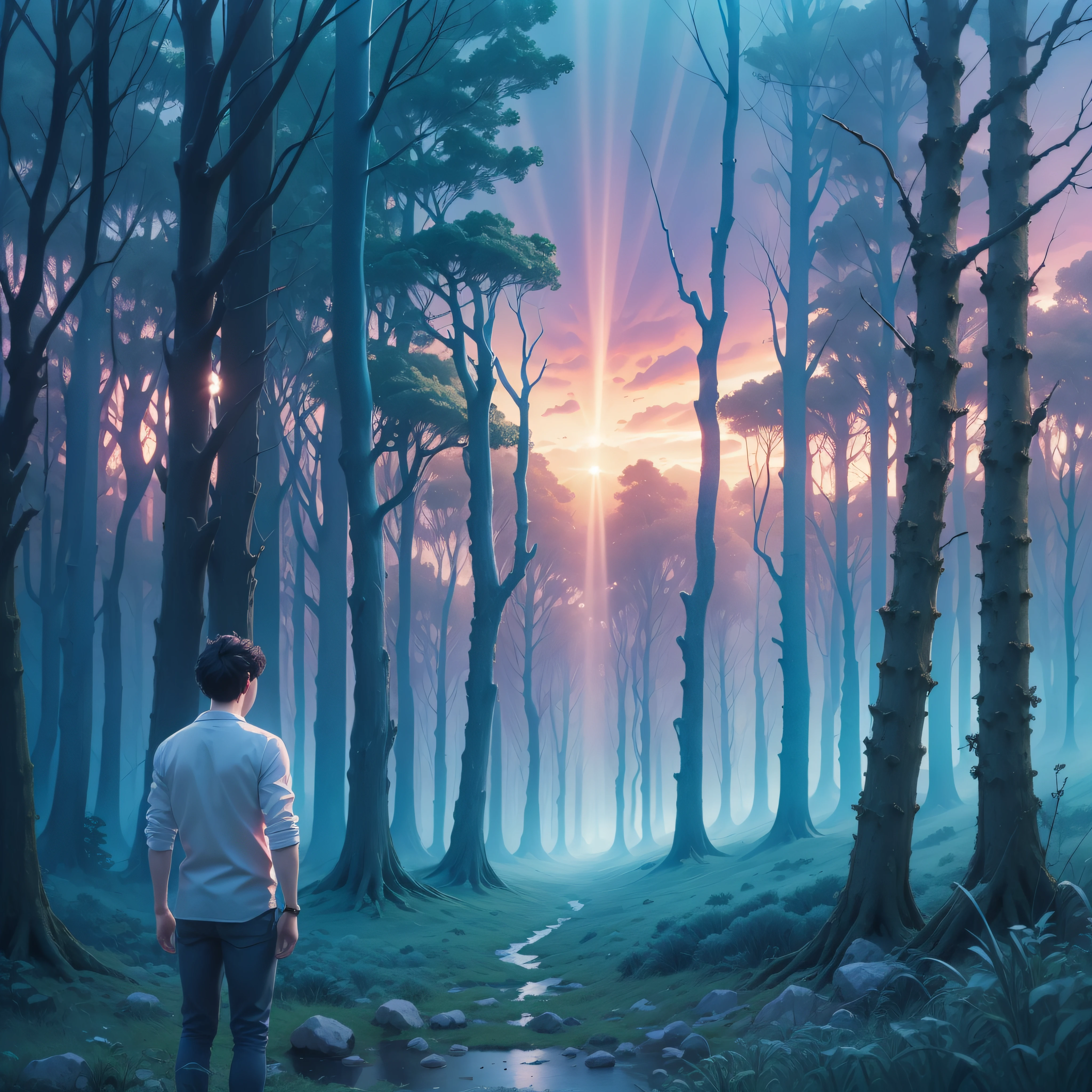 blue sunset, god rays ,forest,highly detailed colors, watercolour, abstract painting by Beksinski, part of Adrian Ghenie and Gerhard Richter, masterpiece,8k high resolution, ultra render cinematic, standing young man with black hair, white shirt, focused.