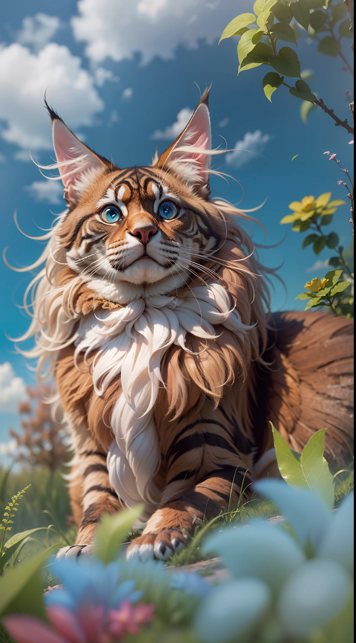 Russet maincoon With blue eyes, Sitting in the grass among the flowers, Very high-quality photo, professionally staged light, on a street with clear weather, blue cumulus clouds in the sky, very beautiful, an awesome landscape against the background, A still from a movie with chromatic aberration, add a bokeh effect and a slightly blurred background, multi-colored particles float in the air, film grain, 8k, super detail, macroLens