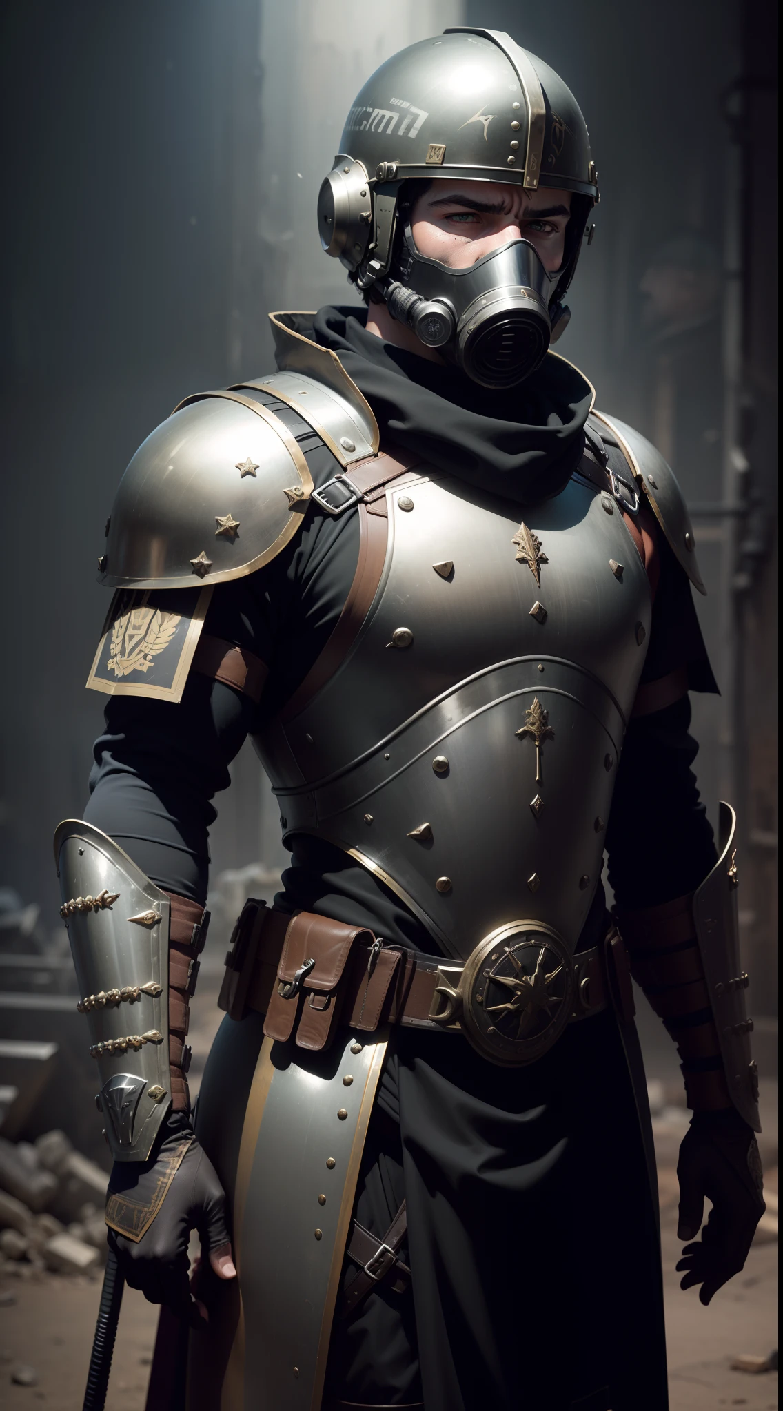 A modern roman military male in black military armor galea helmet of roman armor, with a gunfire and gas mask, background Roman futuristic Hyperrealistic, sharp focus, Professional, UHD, HDR, 8K, Render, electronic, nervous vibe, loud, tension, dark, Epic