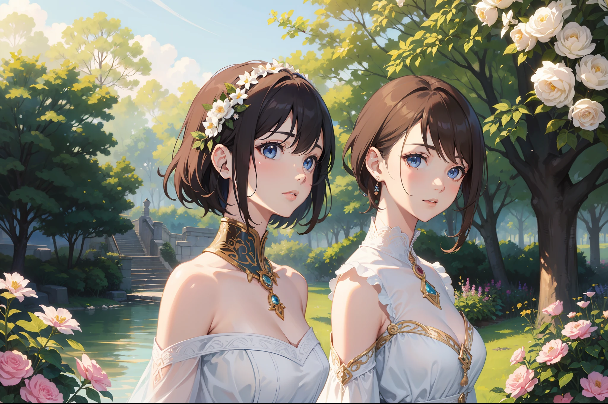 Official Art, Masterpiece European female face, short hair, lightbrown hair , brown eyes , flower garden , (​masterpiece、top-quality、hight resolution: 1.4),in 8K, Drawing of a woman with short lightbrown hair, Anime Art Nouveau, highly detailed exquisite fanart, anime fantasy illustration, clean detailed anime art, detailed anime art, Sharp Focus, Delicate Beautiful Hair and Eyes and Face, realisitic, ultra-detailliert, a beauty girl, sunlight