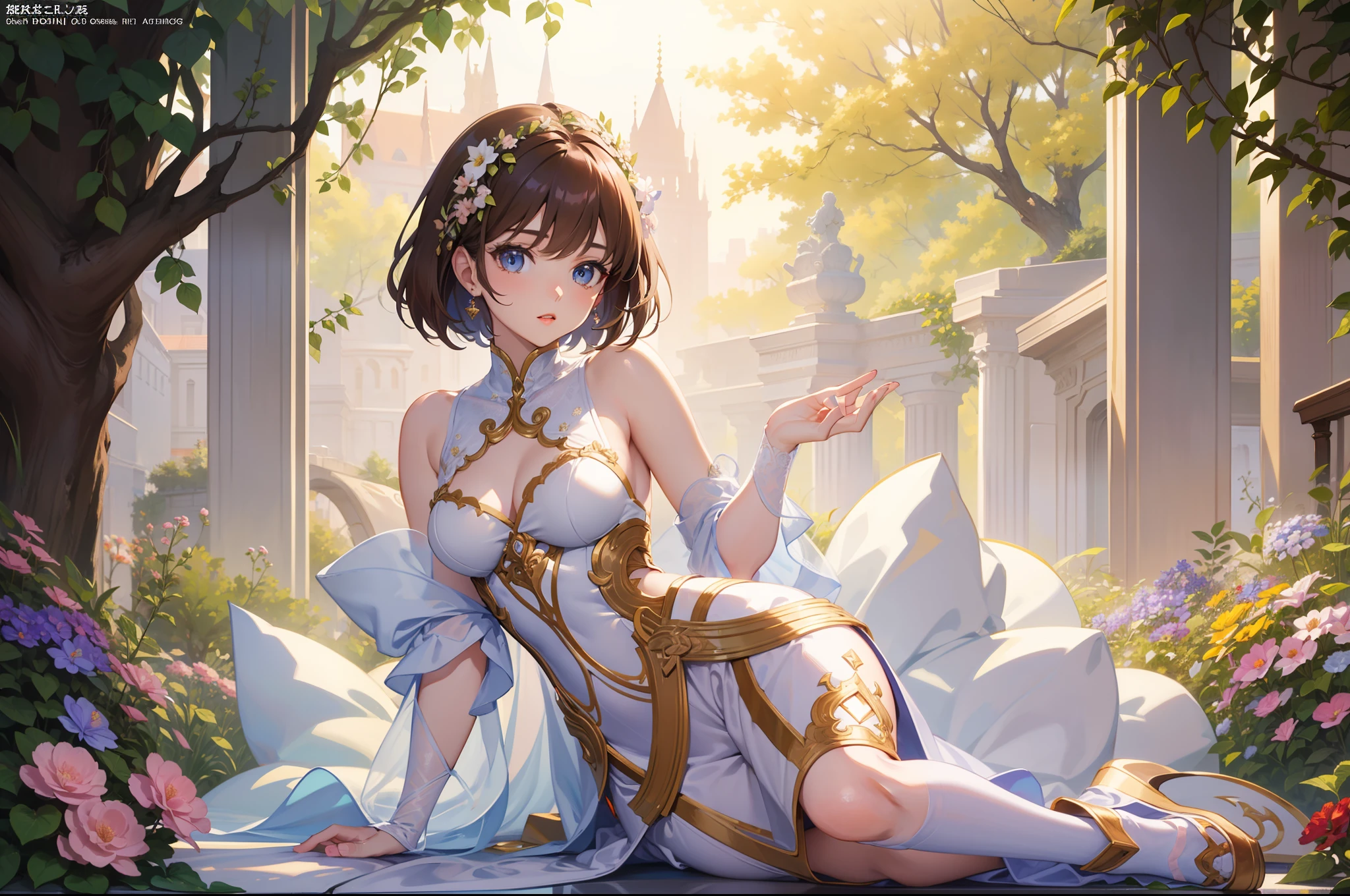 Official Art, Masterpiece European female face, short hair, lightbrown hair , brown eyes , flower garden , (masterpiece、top-quality、hight resolution: 1.4),in 8K, Drawing of a woman with short lightbrown hair, Anime Art Nouveau, highly detailed exquisite fanart, anime fantasy illustration, clean detailed anime art, detailed anime art, Sharp Focus, Delicate Beautiful Hair and Eyes and Face, realisitic, ultra-detailliert, a beauty girl, sunlight
