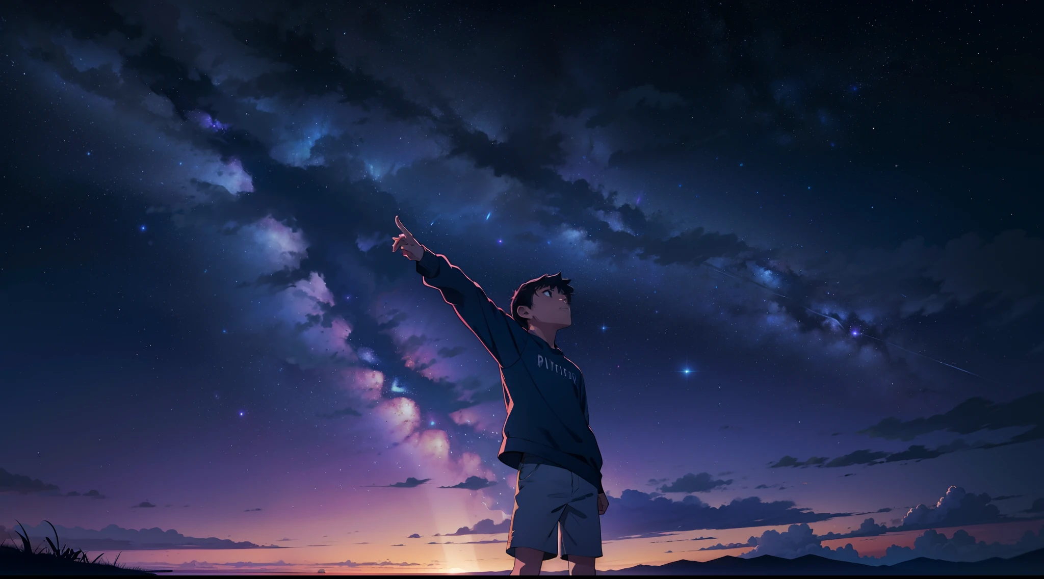 A lonely boy looking up at the sky at night time where the great milky way galaxy is visible in purplish blue color stretching over the horizon. A faraway shot. Cinematic. Wide angle. 4k.