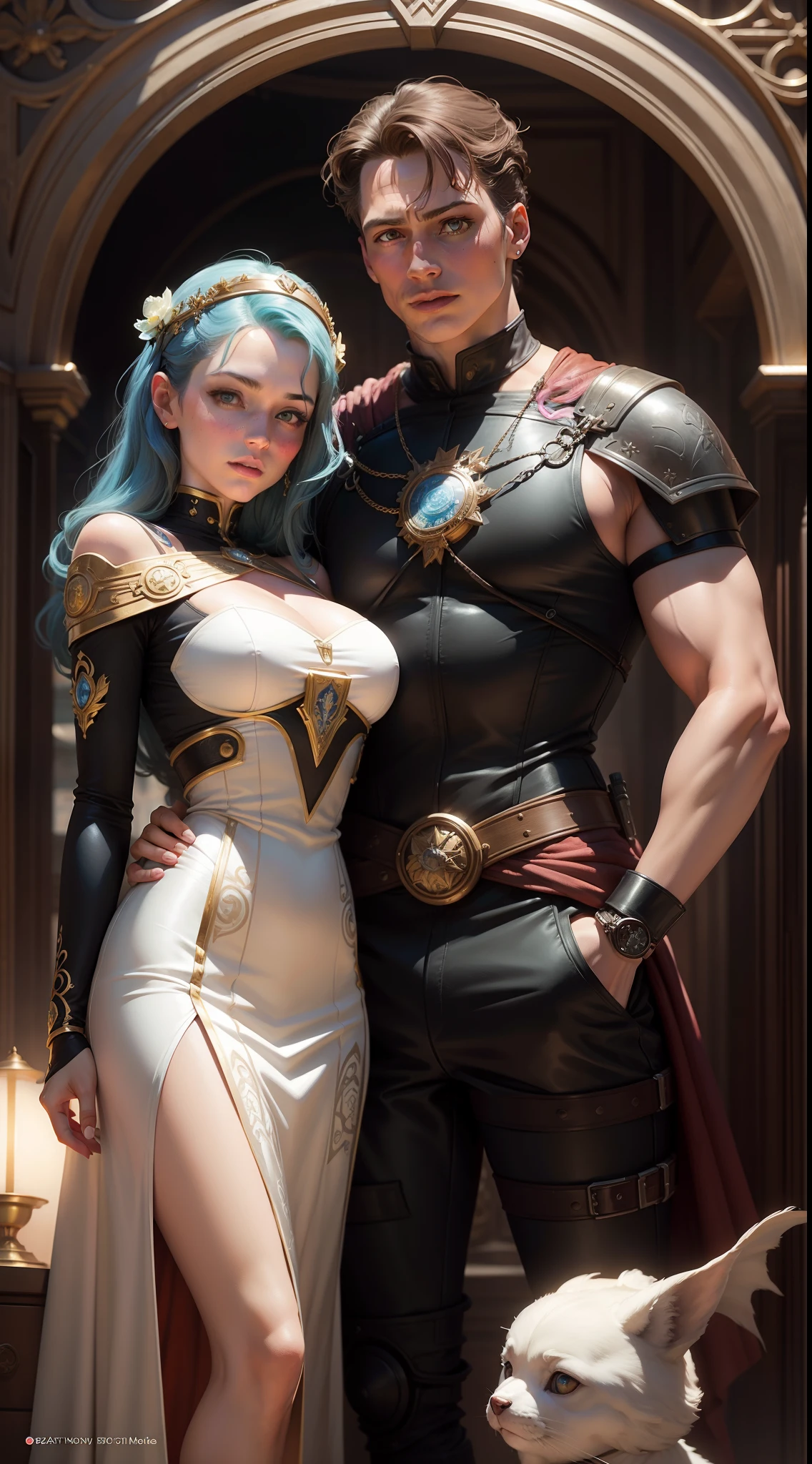 a long blue haired handsome wizard kissing a nude nerd blue haired woman with big boobs and big hips