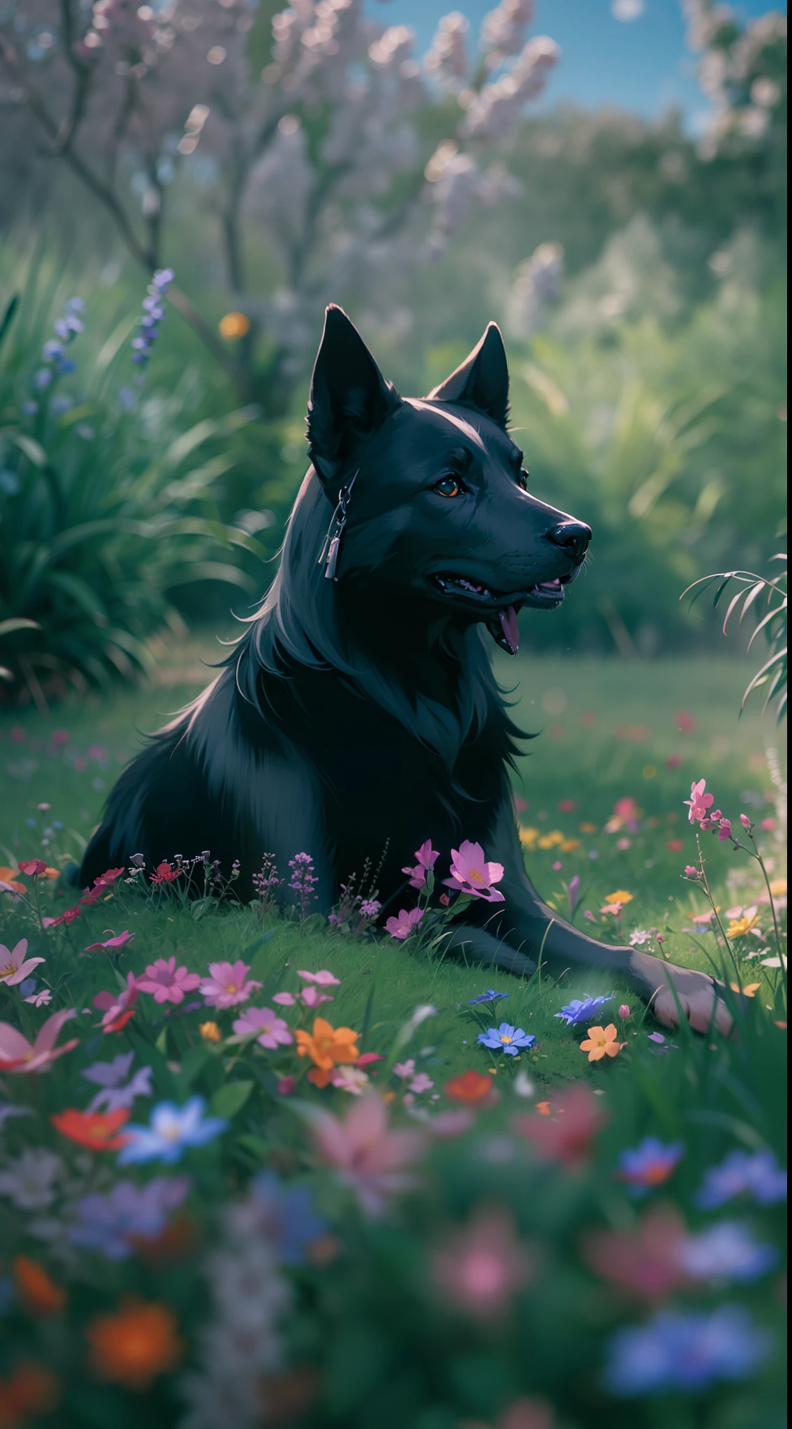 Realistic Black Shepherd With blue eyes, Sitting in the grass among the flowers, Very high-quality photo, professionally staged light, on a street with clear weather, blue cumulus clouds in the sky, very beautiful, an awesome landscape against the background, A still from a movie with chromatic aberration, add a bokeh effect and a slightly blurred background, multi-colored particles float in the air, film grain, 8k, super detail, macroLens