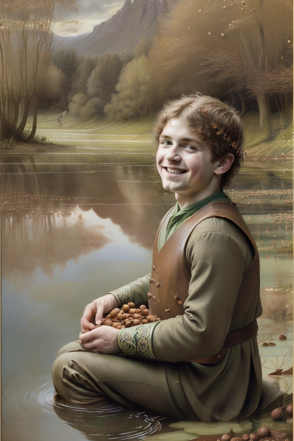 (((Pre-Raphaelite painting of a happy Celtic boy covered in hazelnut leaves eats hazelnuts on the edge of an enchanted lake, paisagem celta)))